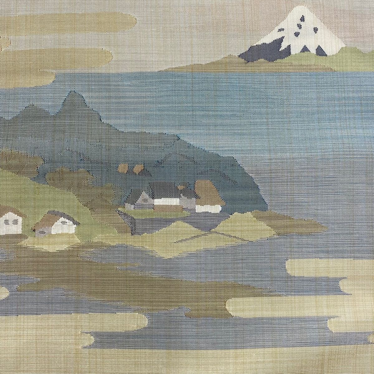 名古屋帯 秀品 紬地 風景 家屋 ベージュ 正絹