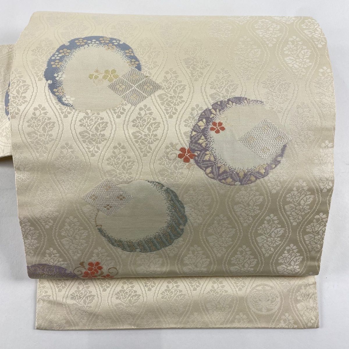 名古屋帯 秀品 雪輪 草花 箔 ベージュ 正絹