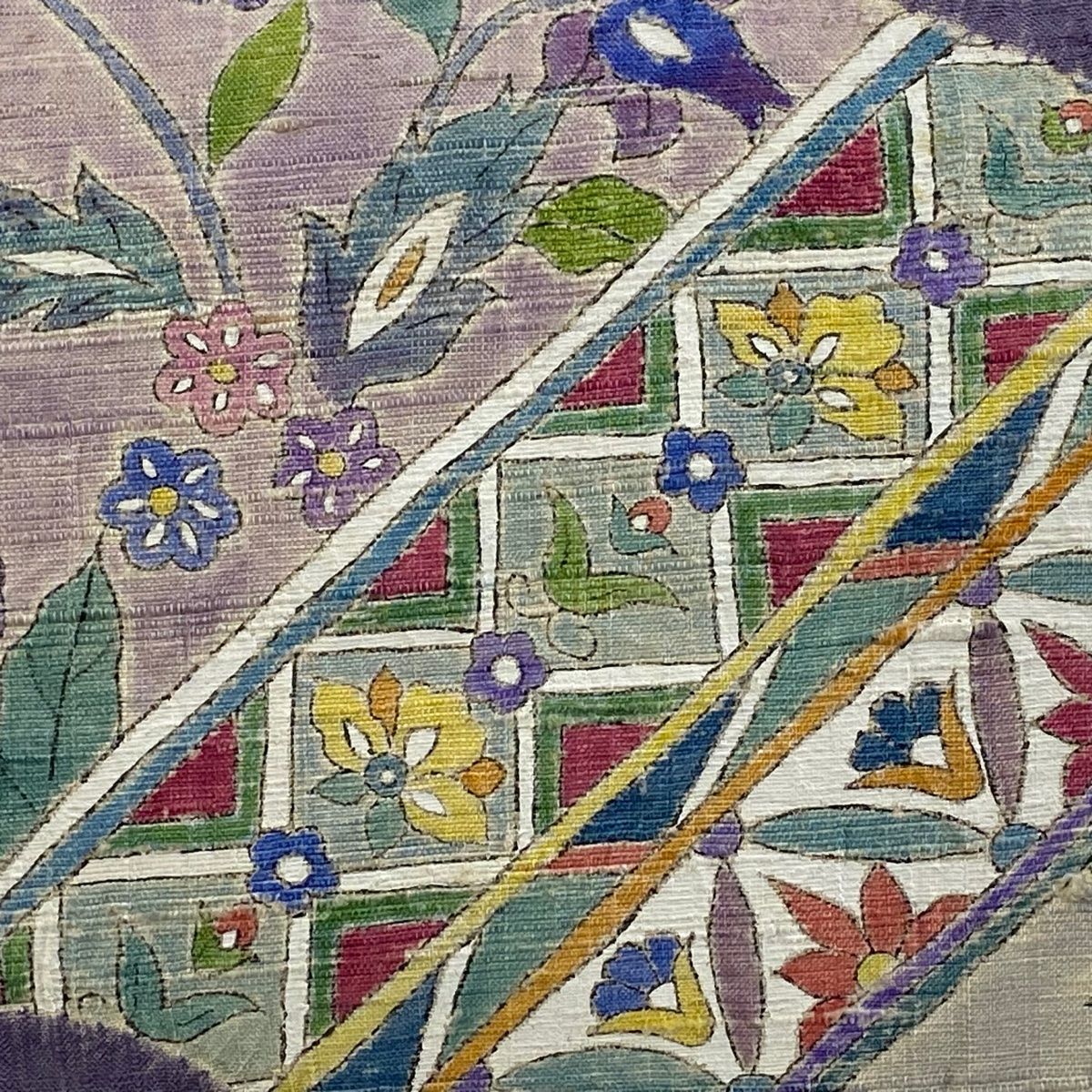 名古屋帯 秀品 紬地 草花 道長取り 絞り 紫 正絹