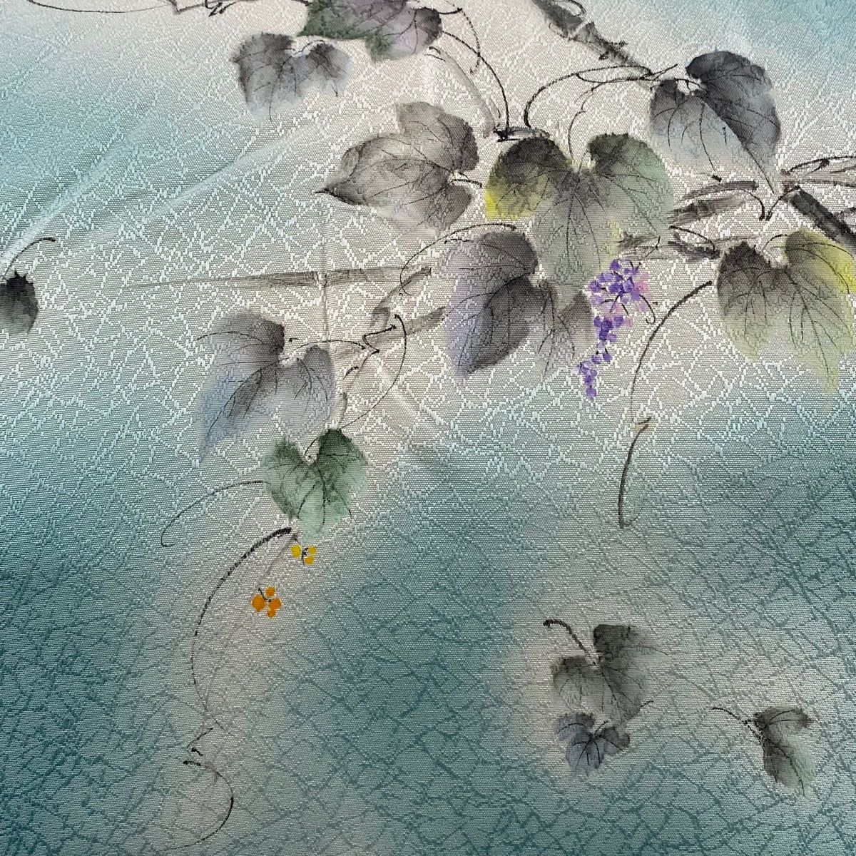 名古屋帯 秀品 証紙 京友禅 葡萄蔦 ぼかし 青緑 正絹