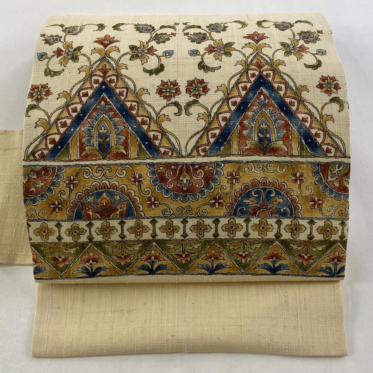 名古屋帯 秀品 落款 紬地 花唐草 草花 ベージュ 正絹