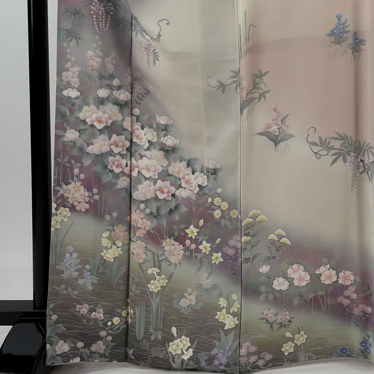 訪問着 身丈168cm 裄丈68cm L 袷 落款 草花 ぼかし 薄ピンク 正絹 秀品