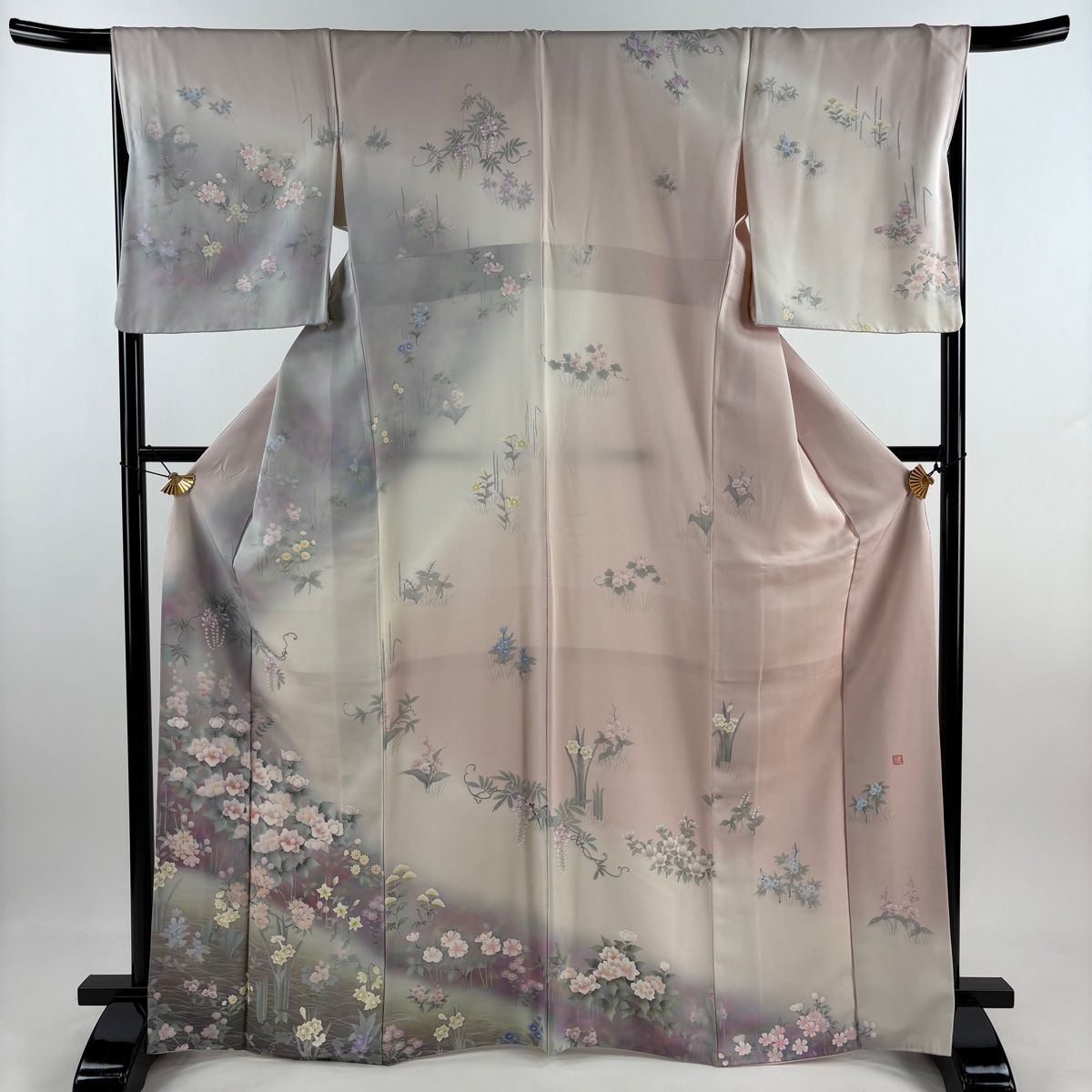 訪問着 身丈168cm 裄丈68cm L 袷 落款 草花 ぼかし 薄ピンク 正絹 秀品