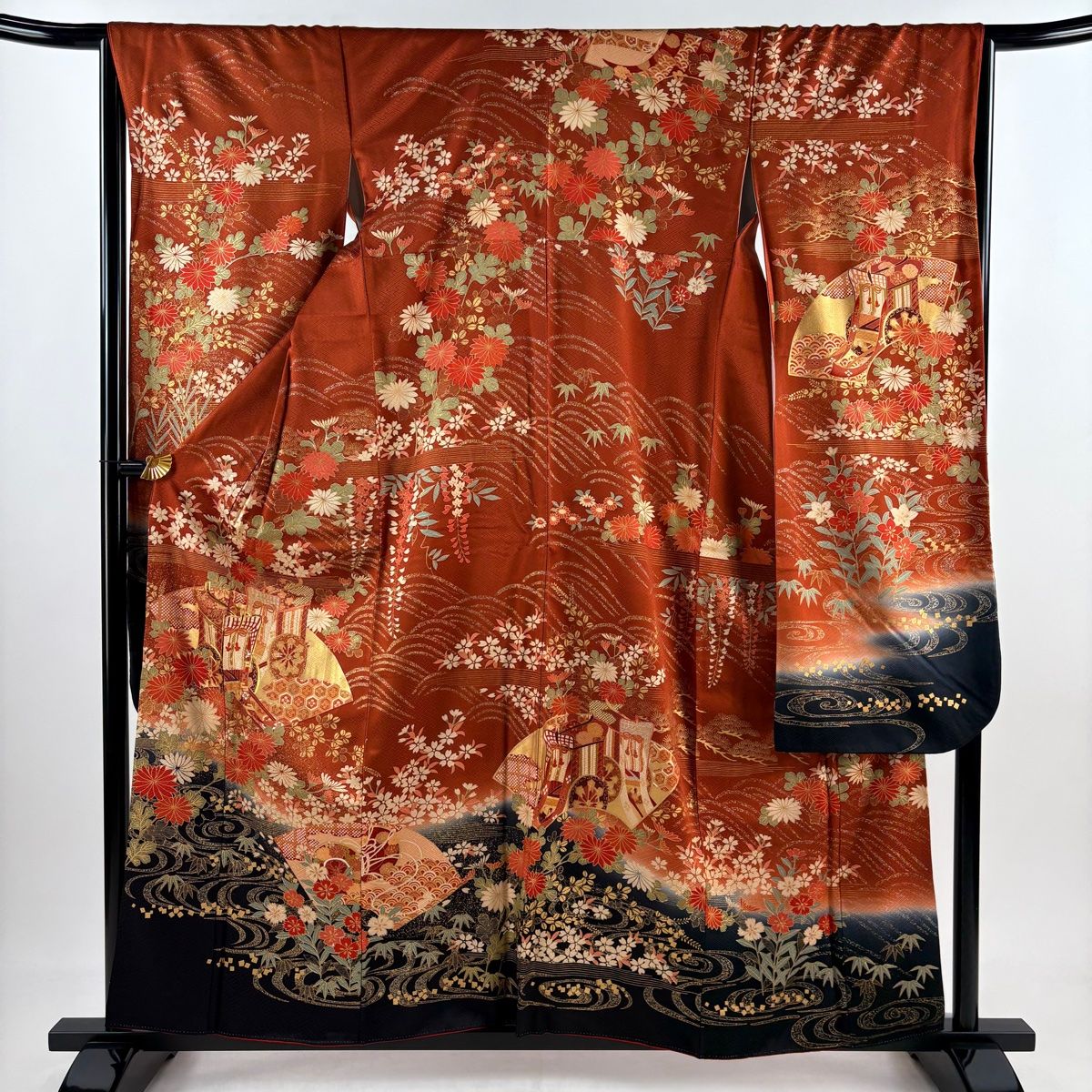振袖 身丈159 cm 裄丈65 5 M 袷 御所車 草花 金糸 金銀彩 赤茶 正絹 秀品
