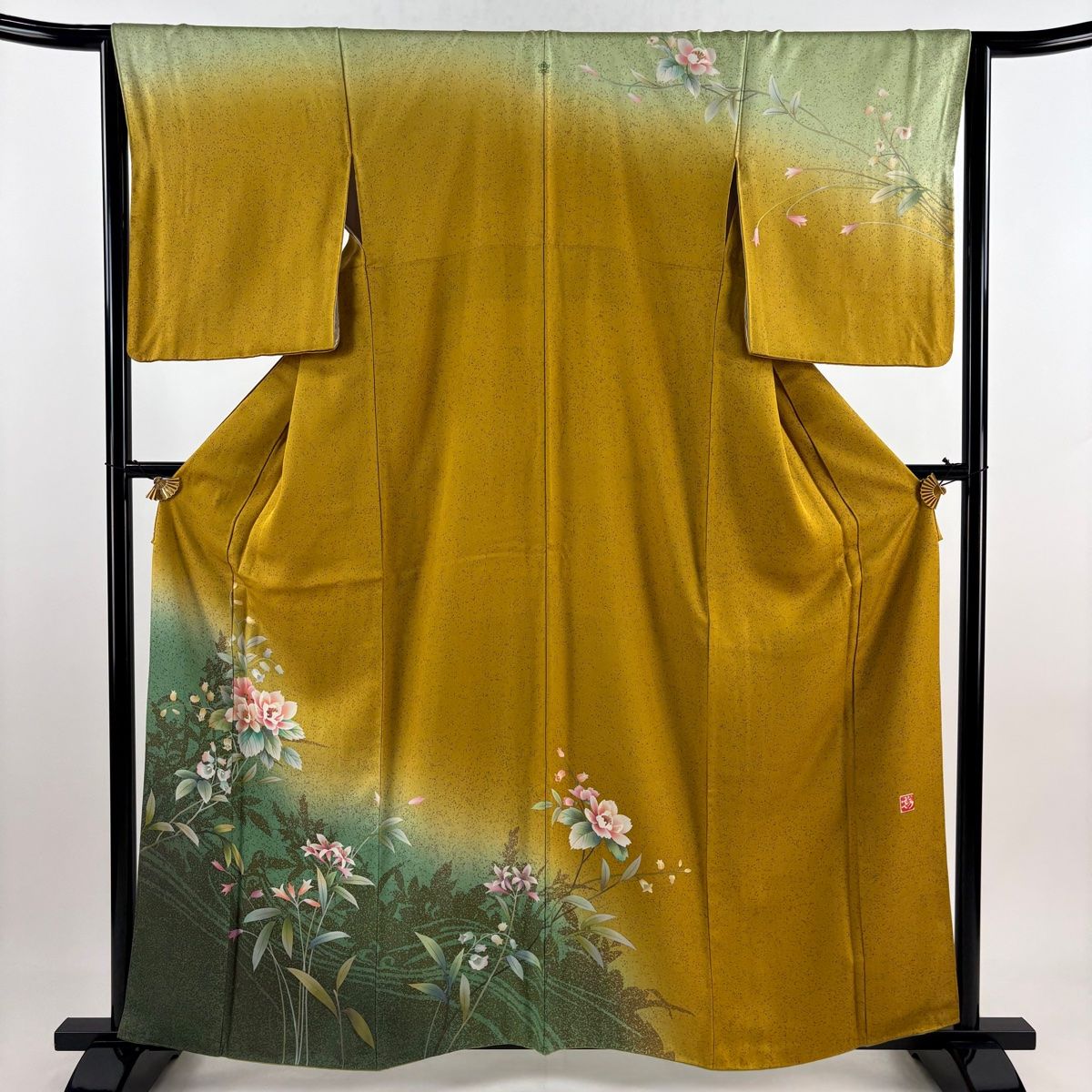 訪問着 身丈162cm 裄丈64cm M 袷 中島まさひろ 落款 草花 金銀彩 染め分け 山吹茶色 正絹 秀品 一つ紋