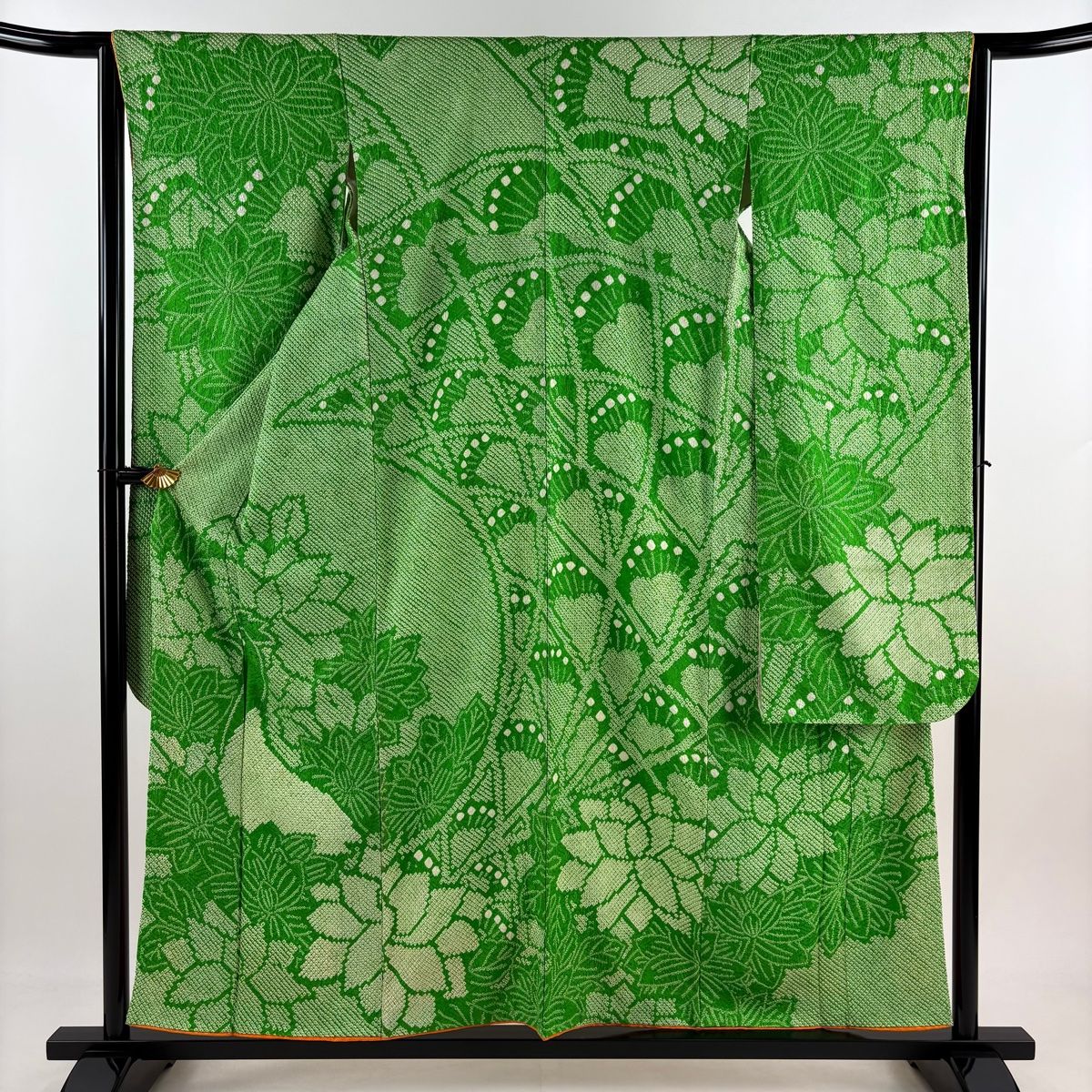 振袖 身丈155.5cm 裄丈64cm M 袷 草花 総絞り 緑 正絹 秀品