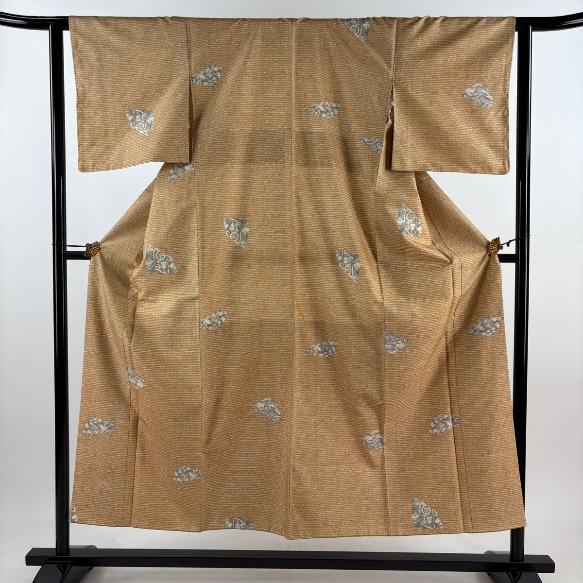 小紋 身丈152cm 裄丈62cm S 袷 紬地 鳥 枝葉 薄茶色 正絹 秀品