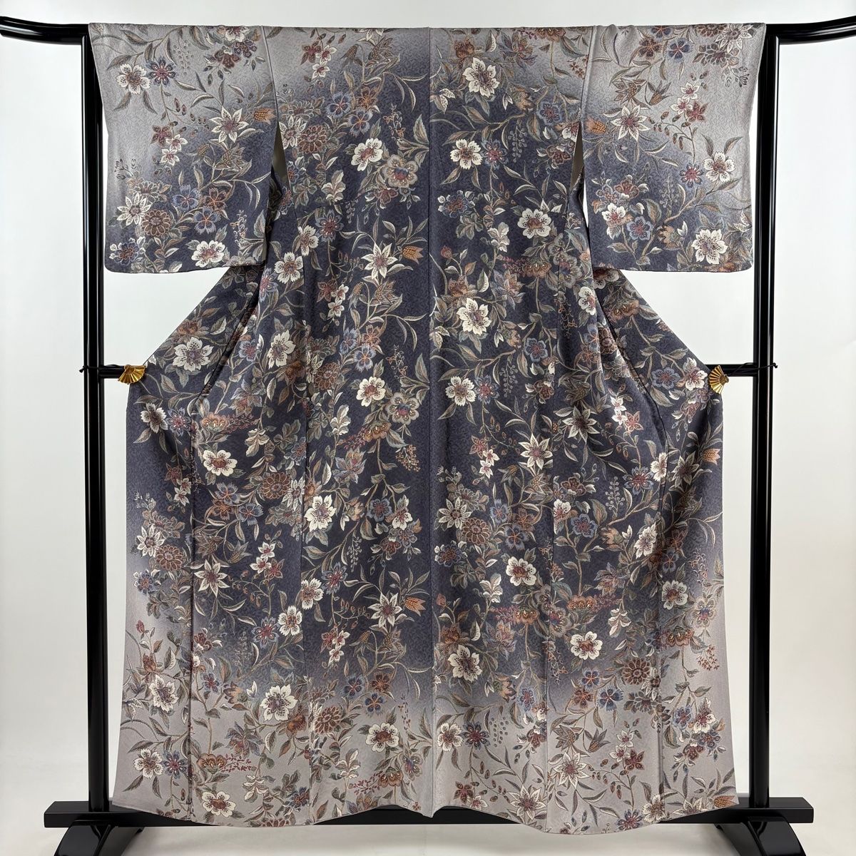 訪問着 身丈159cm 裄丈65cm M 袷 草花 地紋 ぼかし 灰紫 正絹 秀品