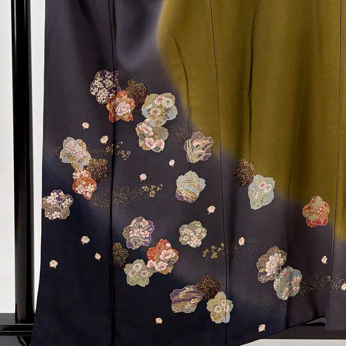 訪問着 身丈158cm 裄丈67cm M 袷 花鳥 刺繍 金糸 紺色 正絹 秀品