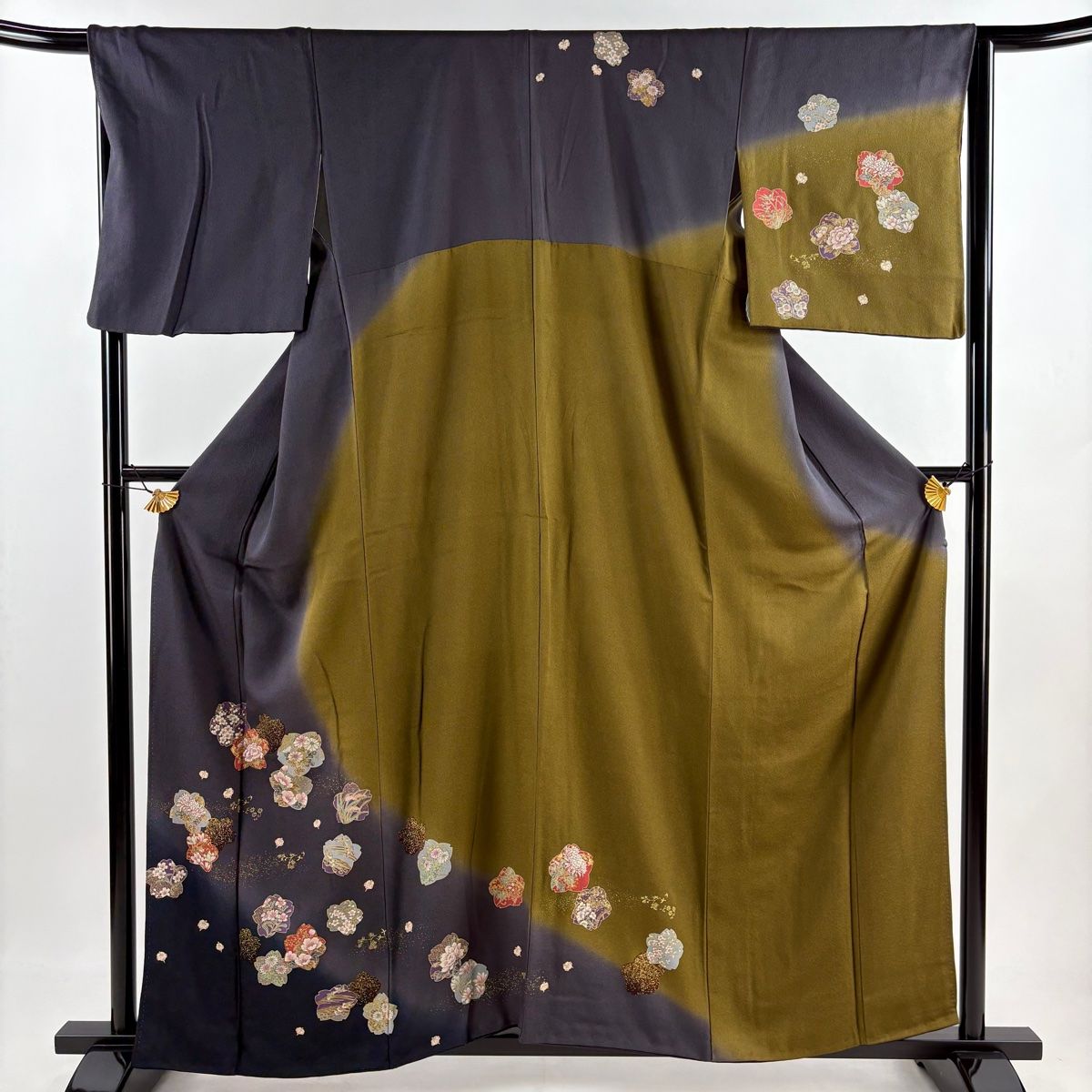 訪問着 身丈158cm 裄丈67cm M 袷 花鳥 刺繍 金糸 紺色 正絹 秀品