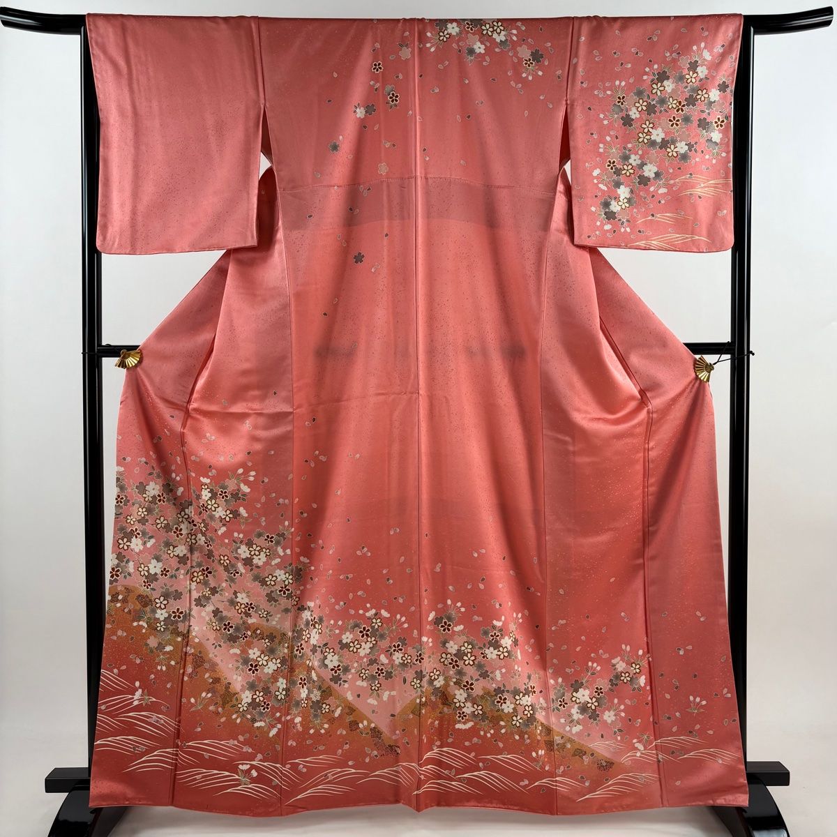訪問着 身丈164.5cm 裄丈65.5cm M 袷 桜 波 金銀彩 ぼかし ピンク 正絹 秀品