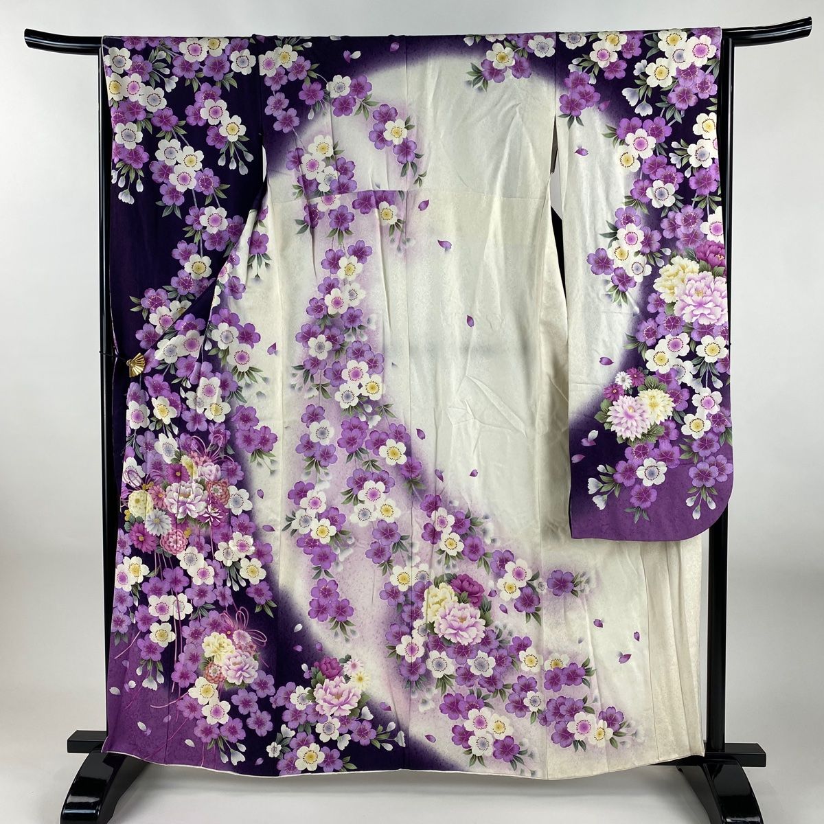 振袖 身丈162cm 裄丈65.5cm M 袷 薬玉 桜 金糸 金彩 濃紫 正絹 秀品