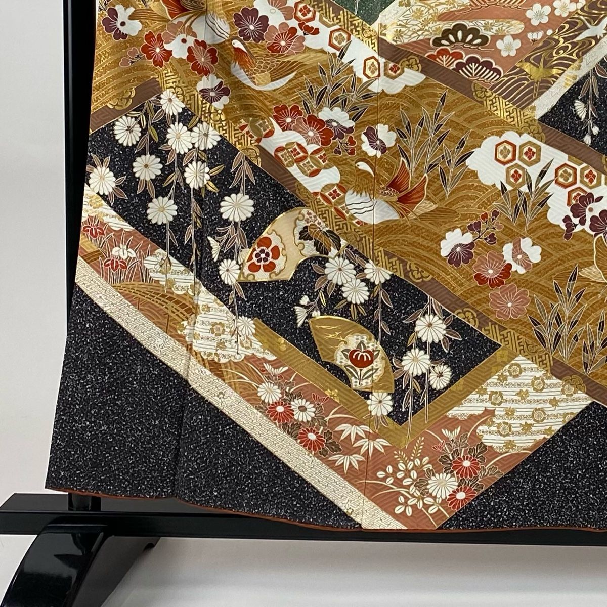 振袖 身丈158cm 裄丈62.5cm S 袷 鴛鴦 草花 金彩 染め分け 茶色 正絹 秀品