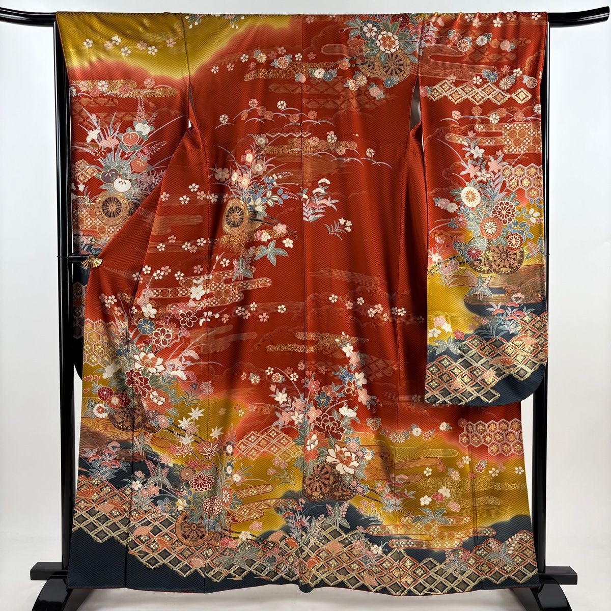 振袖 身丈162cm 裄丈66cm M 袷 花車 霞 金彩 染め分け 赤茶 正絹 秀品