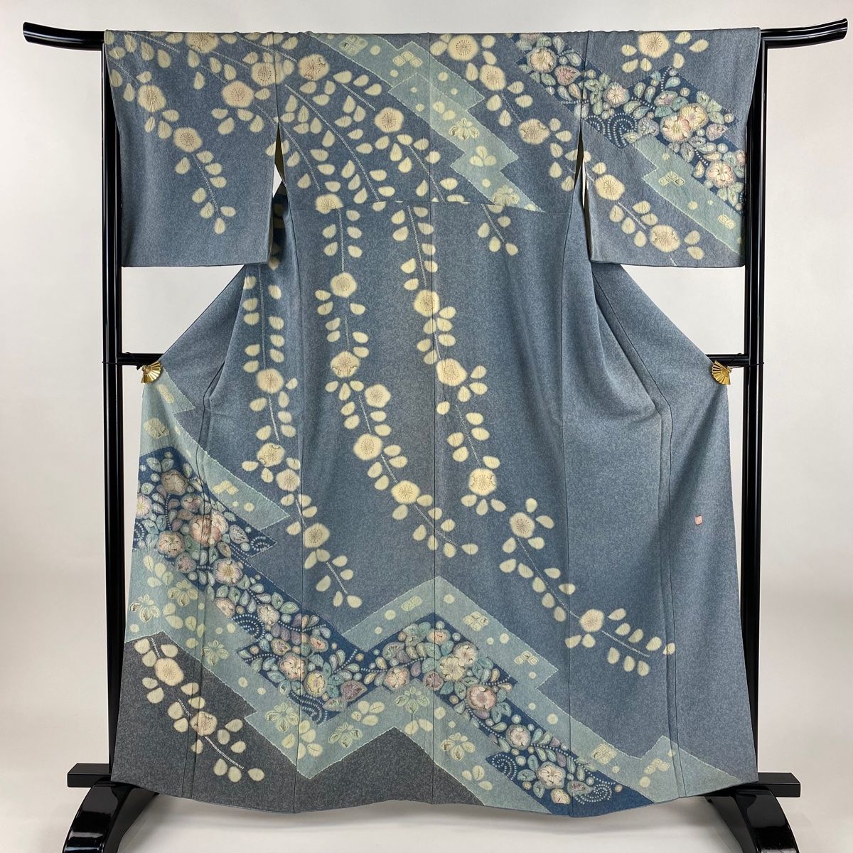 訪問着 身丈163cm 裄丈66cm M 袷 落款 辻ヶ花柄 青灰色 正絹 秀品