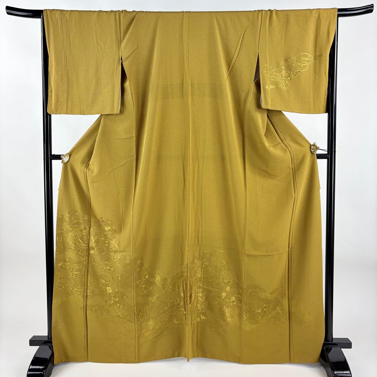 訪問着 身丈165 cm 裄丈68 L 袷 鳳凰 花丸文 刺繍 山吹茶色 正絹 秀品