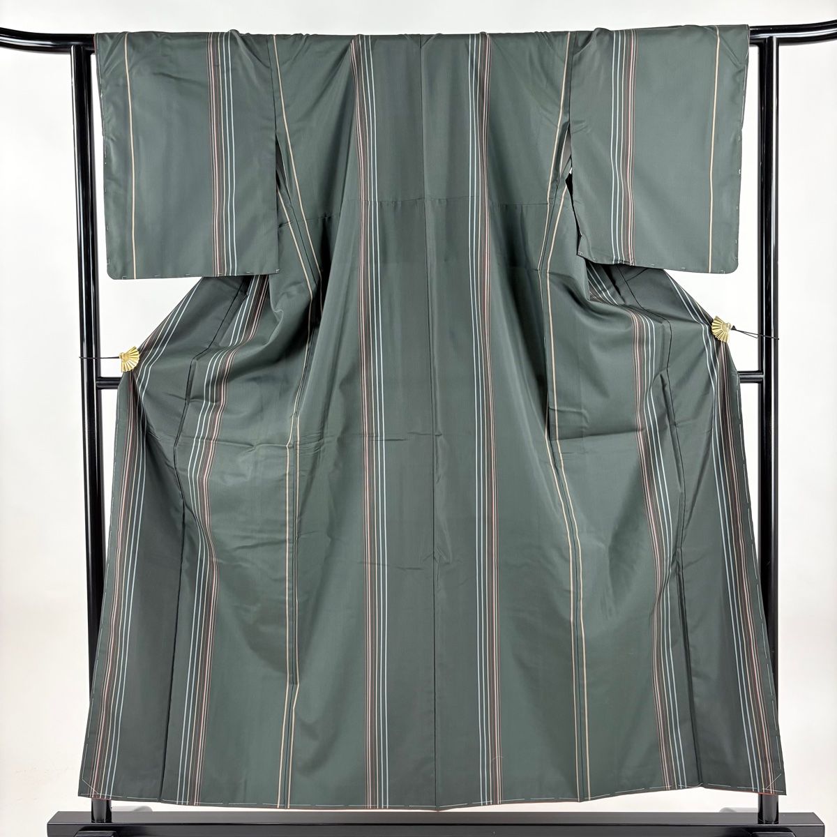 大島紬 身丈155cm 裄丈63.5cm S 袷 証紙 縞 深緑 正絹 秀品