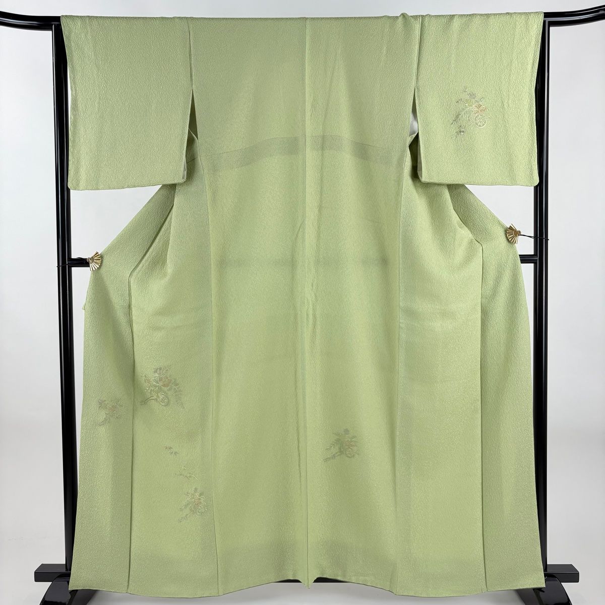 付下げ 身丈160cm 裄丈65.5cm M 袷 花車 笹 刺繍 抹茶色 正絹 秀品