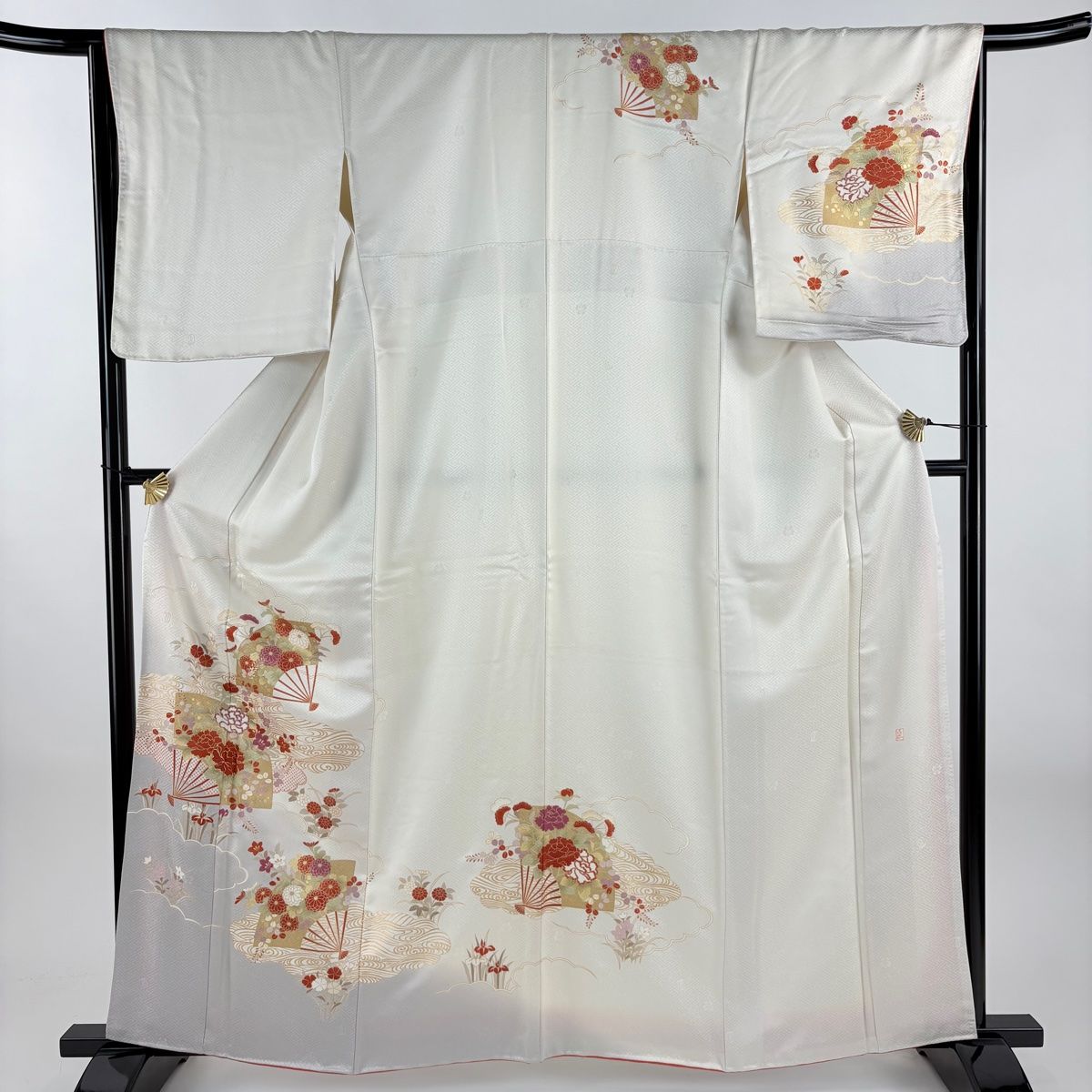 訪問着 身丈160cm 裄丈65.5cm M 袷 吾妻徳穂 落款 扇 草花 金糸 金彩 灰白 正絹 秀品