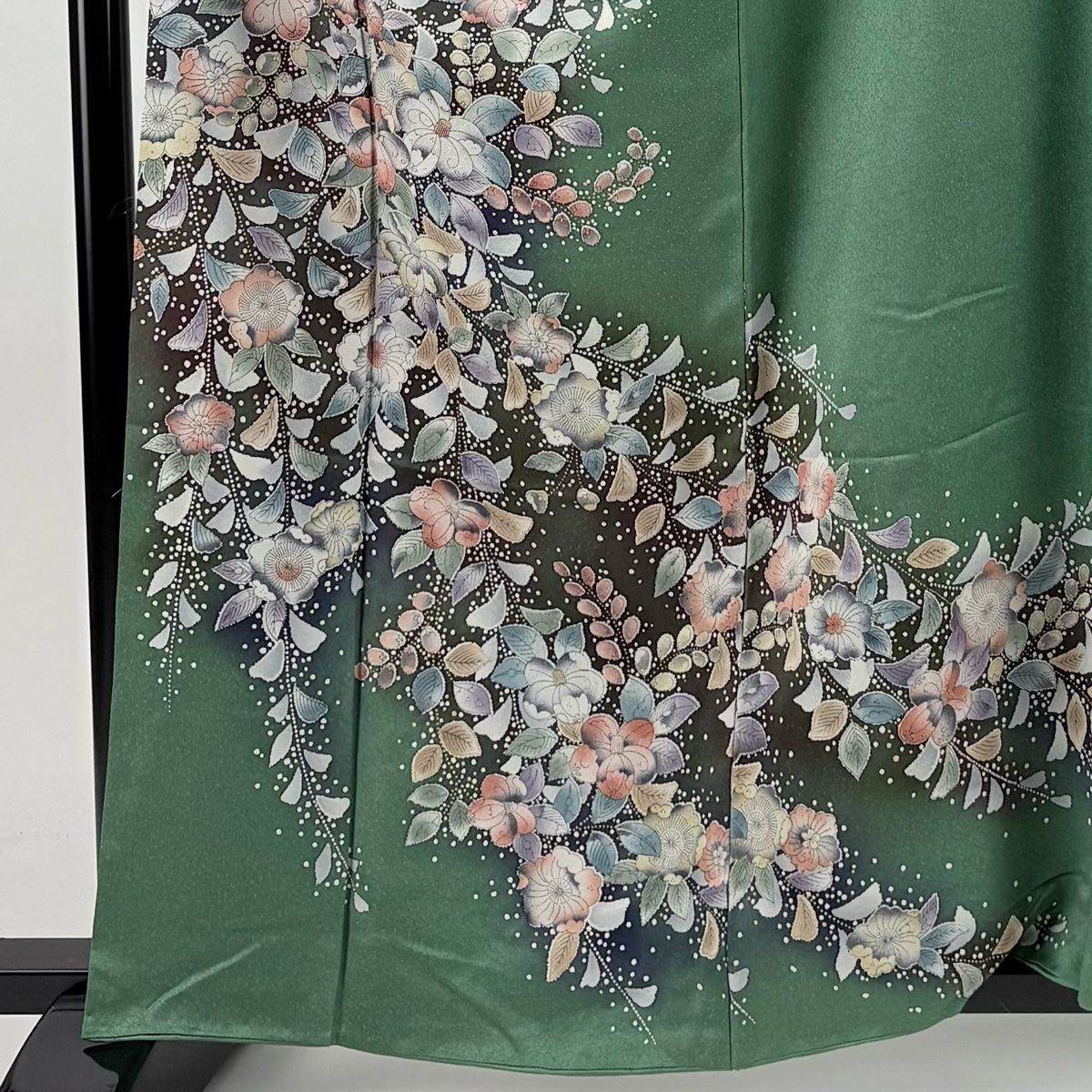 訪問着 身丈161.5cm 裄丈68cm L 袷 椿 草花 ぼかし 金彩 緑 正絹 秀品