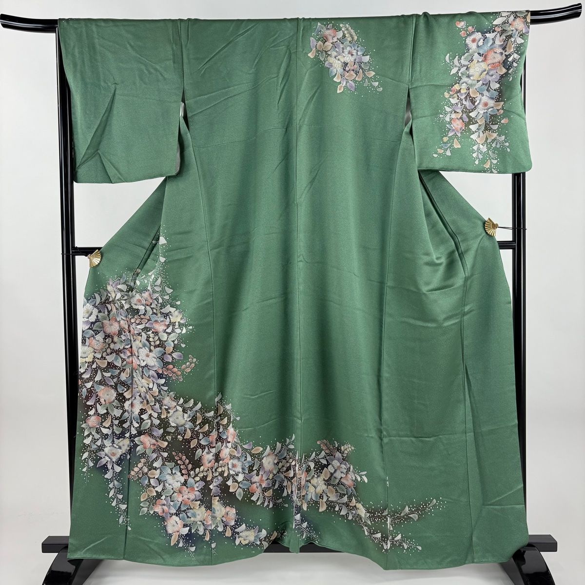 訪問着 身丈161.5cm 裄丈68cm L 袷 椿 草花 ぼかし 金彩 緑 正絹 秀品