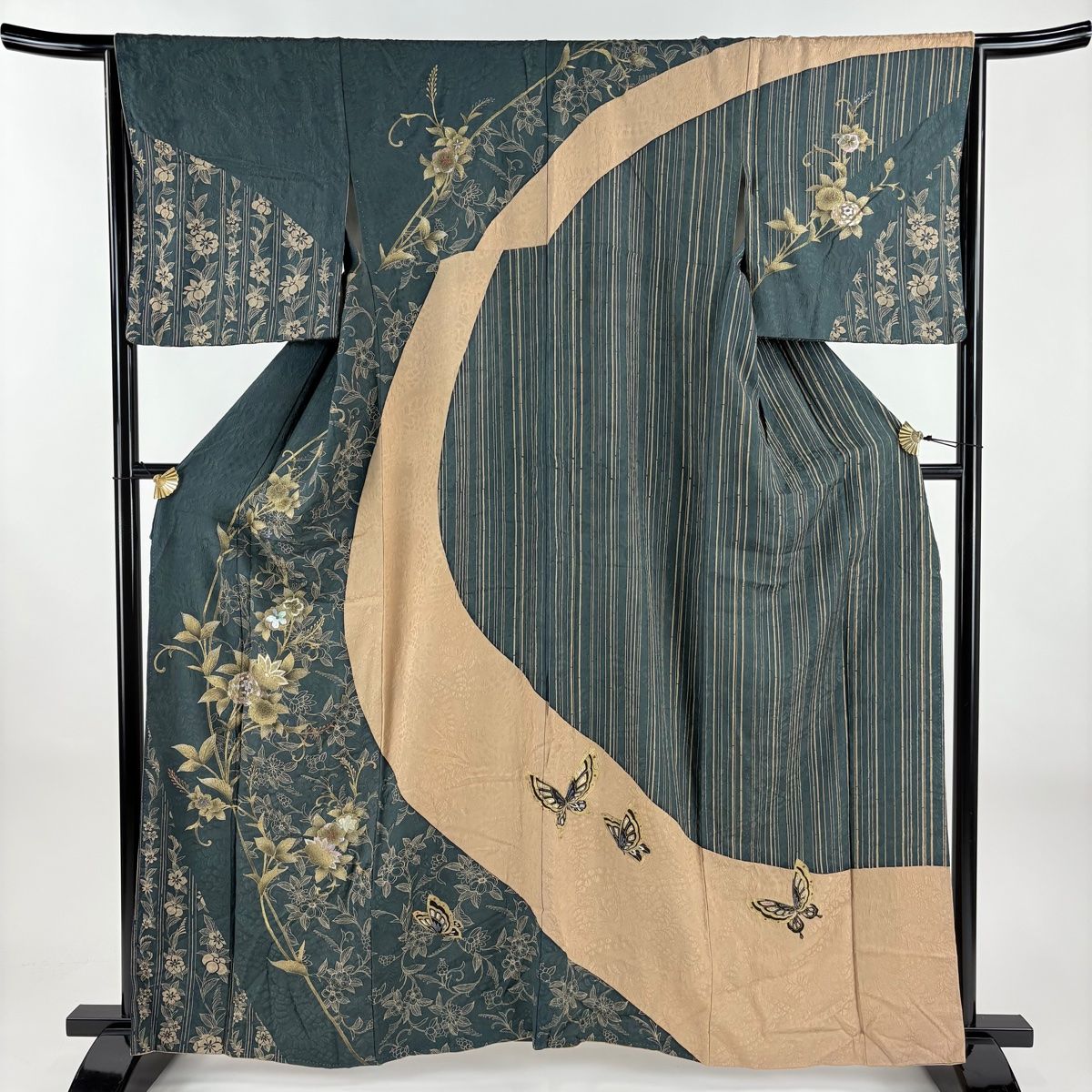 訪問着 身丈160cm 裄丈65cm M 袷 菊 花唐草 金銀彩 ラメ彩 灰緑 正絹 秀品