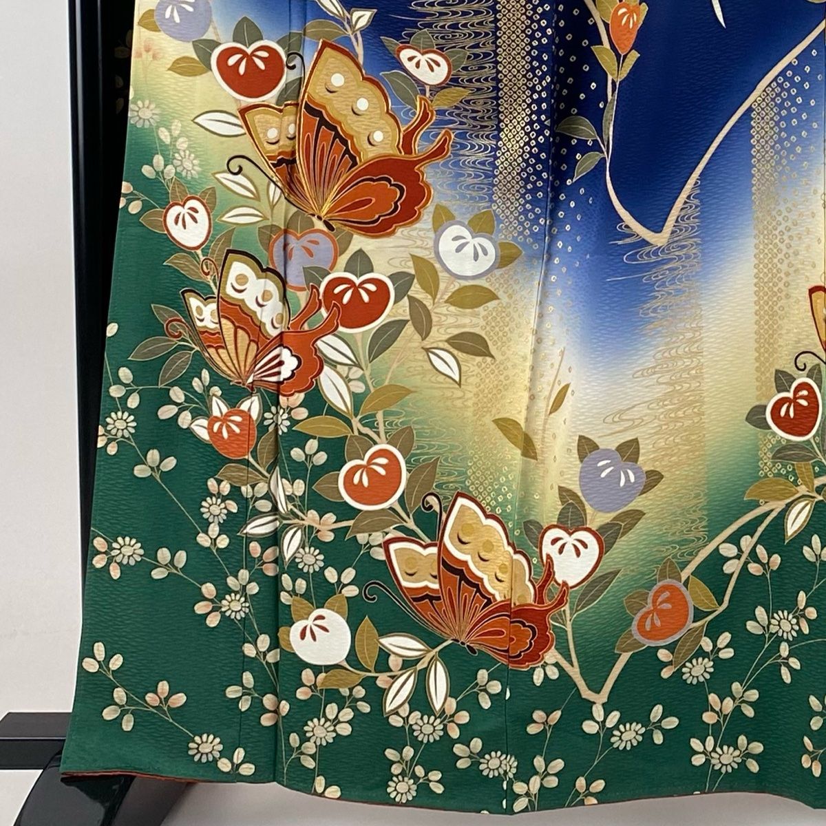 振袖 身丈162cm 裄丈68.5cm L 袷 蝶 橘 金糸 金彩 紺色 正絹 秀品