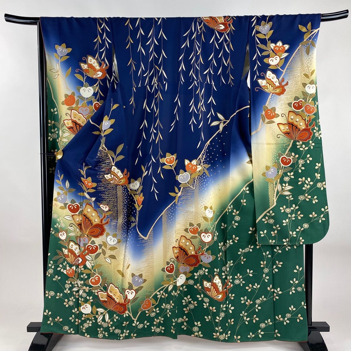 振袖 身丈162cm 裄丈68.5cm L 袷 蝶 橘 金糸 金彩 紺色 正絹 秀品