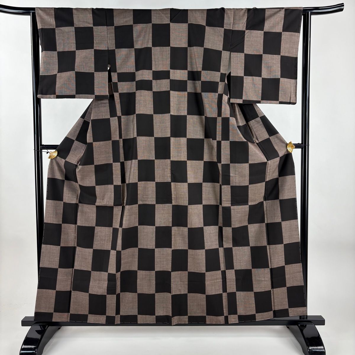紬 身丈160cm 裄丈63cm S 袷 市松 焦茶色 正絹 秀品