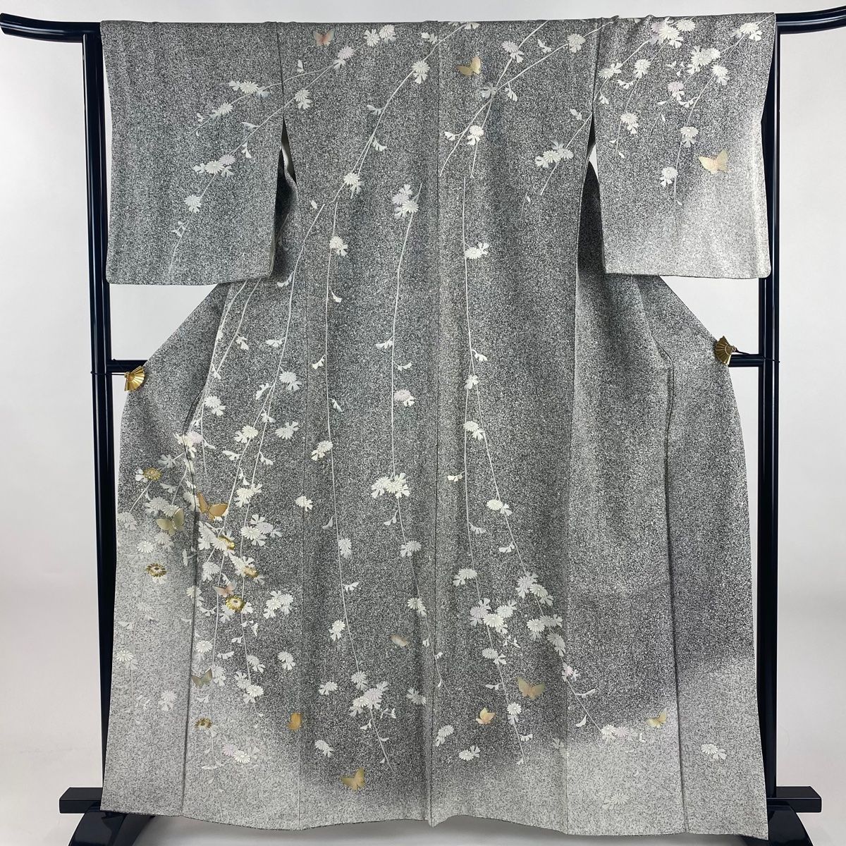 訪問着 身丈162cm 裄丈64.5cm M 袷 鈴乃屋 蝶 菊 金銀糸 金銀彩 黒灰 正絹 秀品