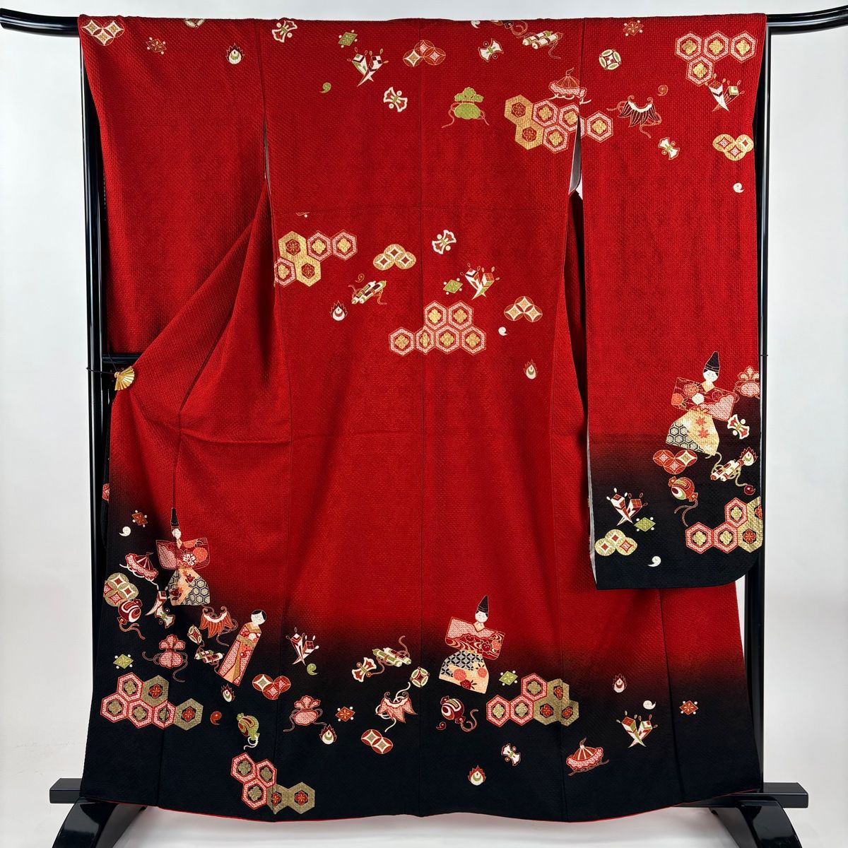 振袖 身丈161cm 裄丈64.5cm M 袷 雛人形 宝尽くし 金彩 絞り 赤 正絹 秀品