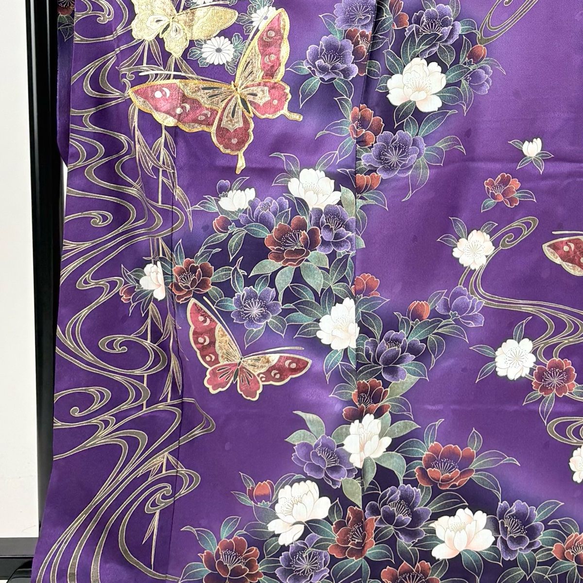 振袖 身丈162cm 裄丈66cm M 袷 蝶 流水 金糸 金彩 紫 正絹 秀品