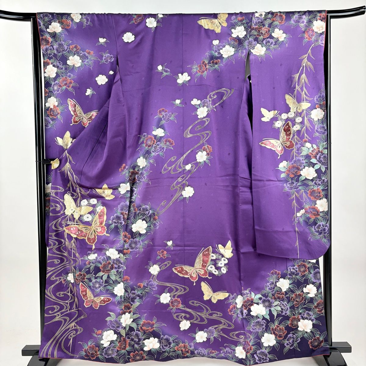 振袖 身丈162cm 裄丈66cm M 袷 蝶 流水 金糸 金彩 紫 正絹 秀品