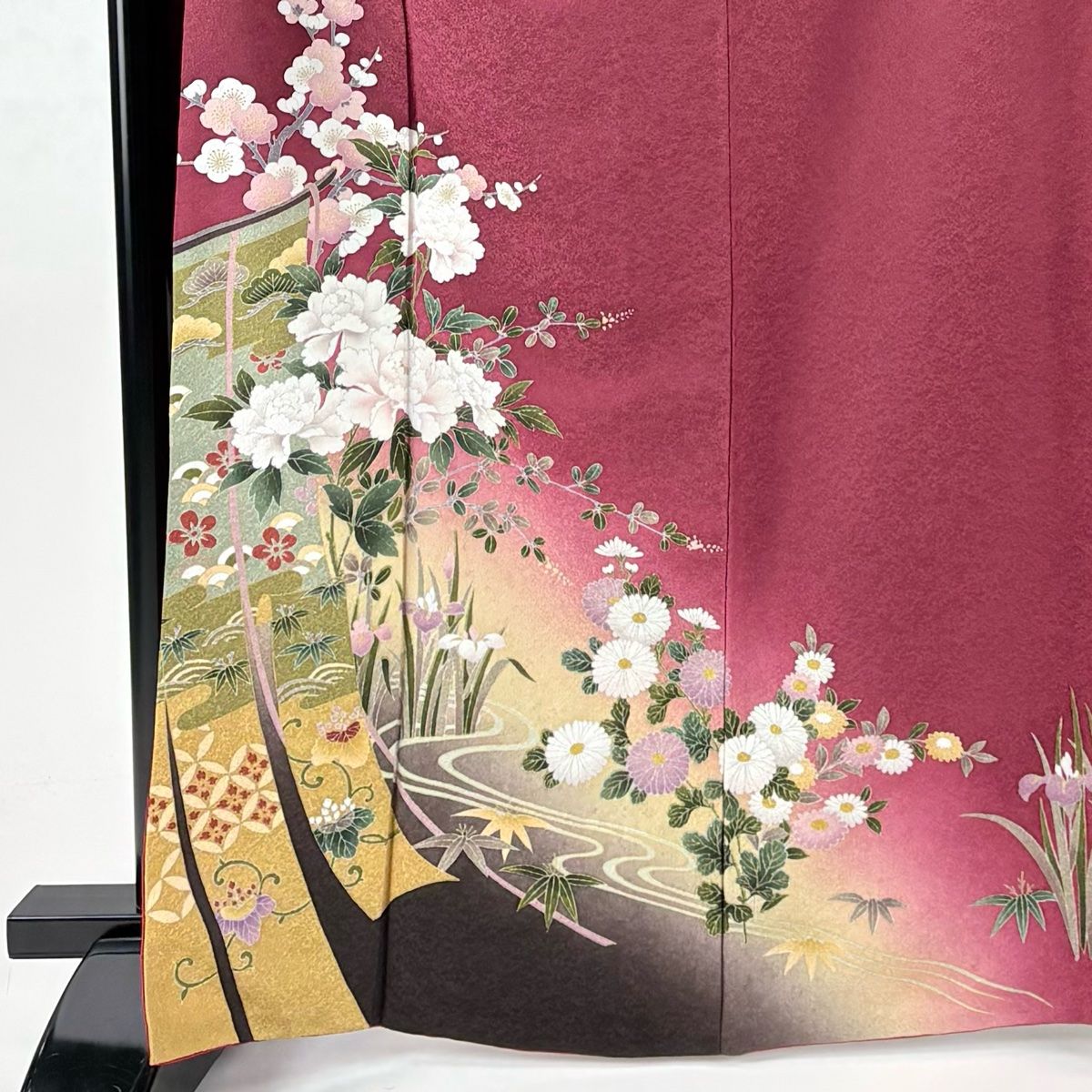 振袖 身丈165cm 裄丈68.5cm L 袷 几帳 牡丹 金彩 赤紫 正絹 秀品