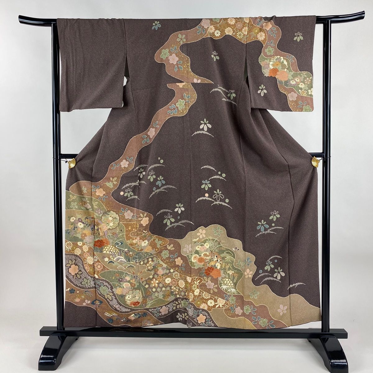 訪問着 身丈156.5cm 裄丈63cm S 袷 御所車 草花 金彩 茶紫 正絹