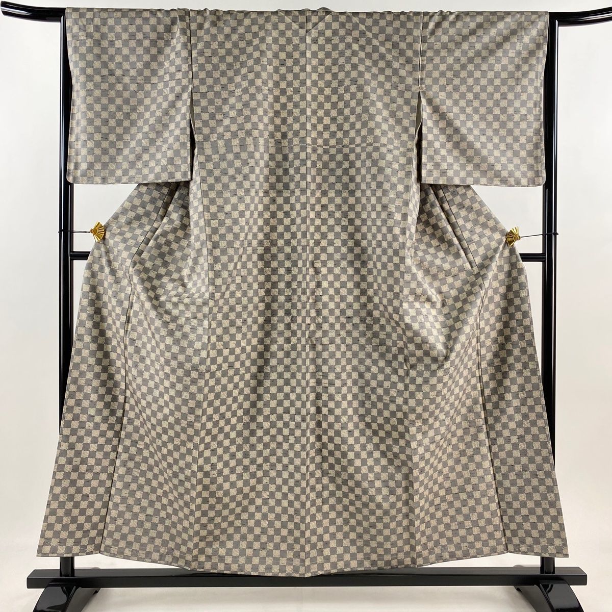 小紋 身丈156cm 裄丈66cm M 袷 紬地 市松 灰色 正絹