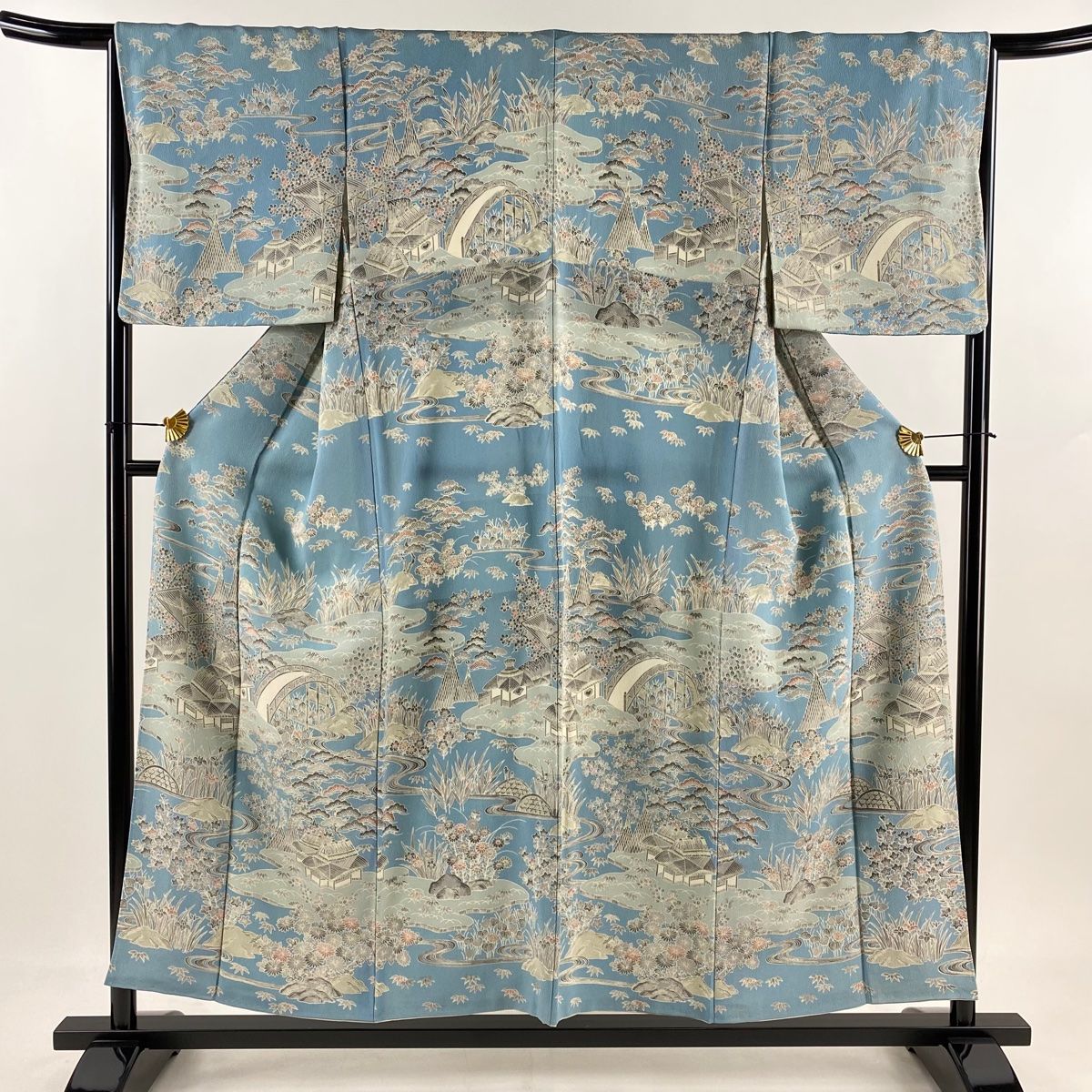 訪問着 身丈154cm 裄丈67.5cm L 袷 家屋 松竹梅 縮緬 水色 正絹