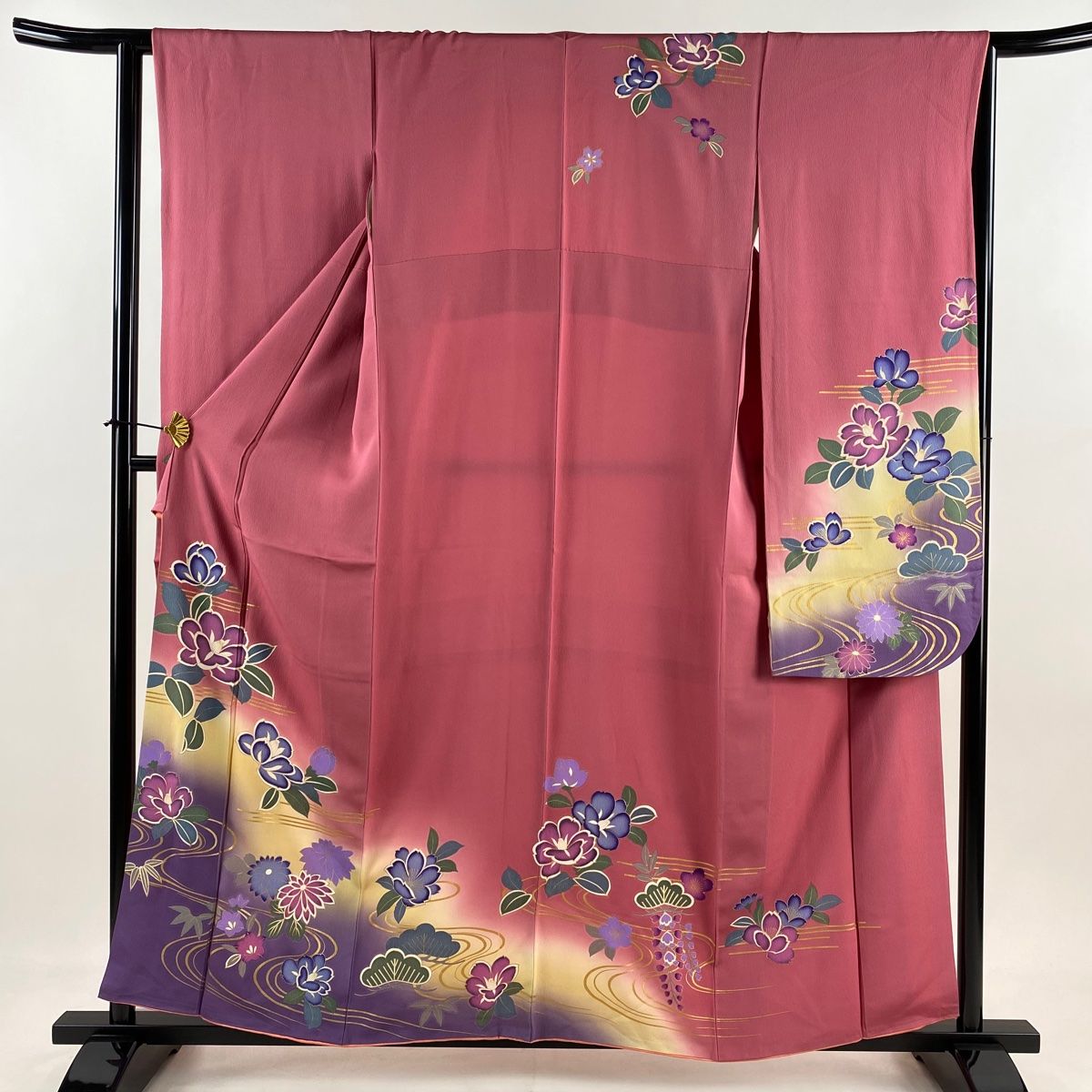 振袖 身丈159cm 裄丈65cm M 袷 椿 流水 金彩 ぼかし ピンク 正絹