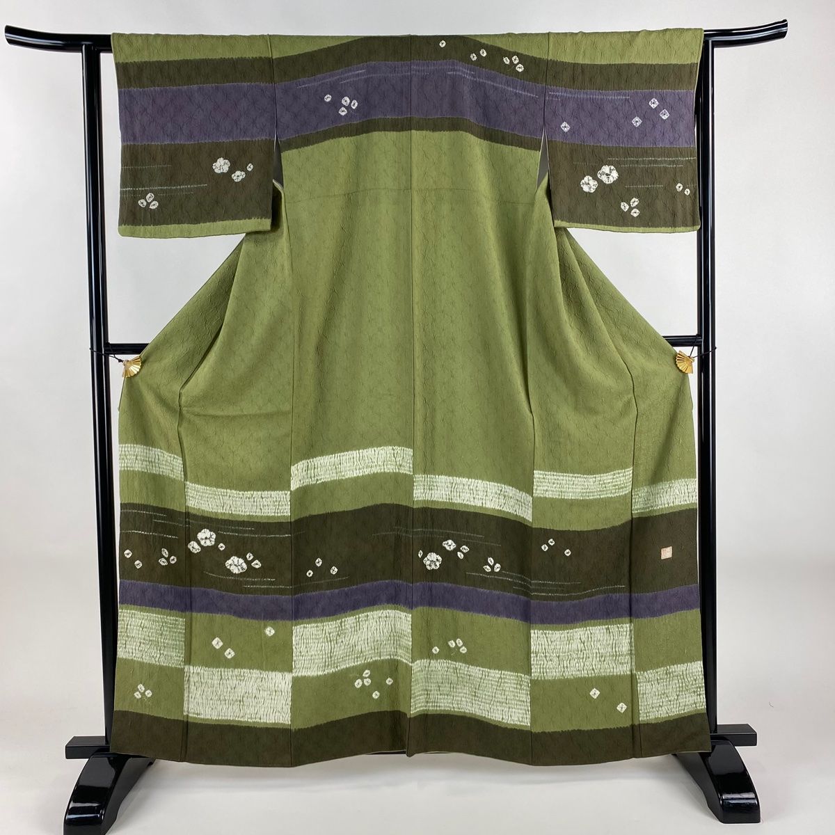 訪問着 身丈160.5cm 裄丈64cm M 袷 落款 花 霞 絞り よもぎ色 正絹