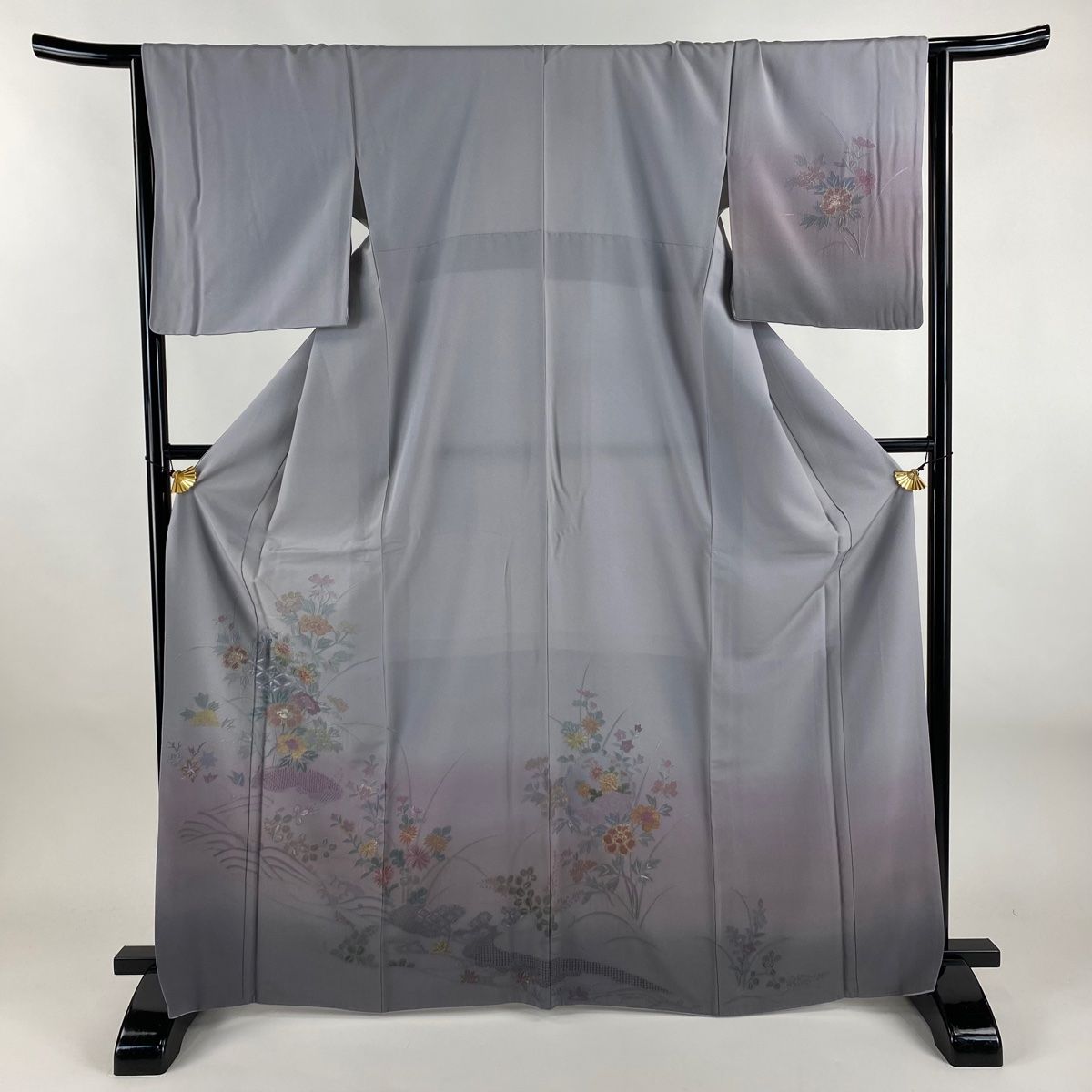 訪問着 身丈167cm 裄丈65cm M 袷 雪輪 草花 刺繍 金糸 灰紫 正絹