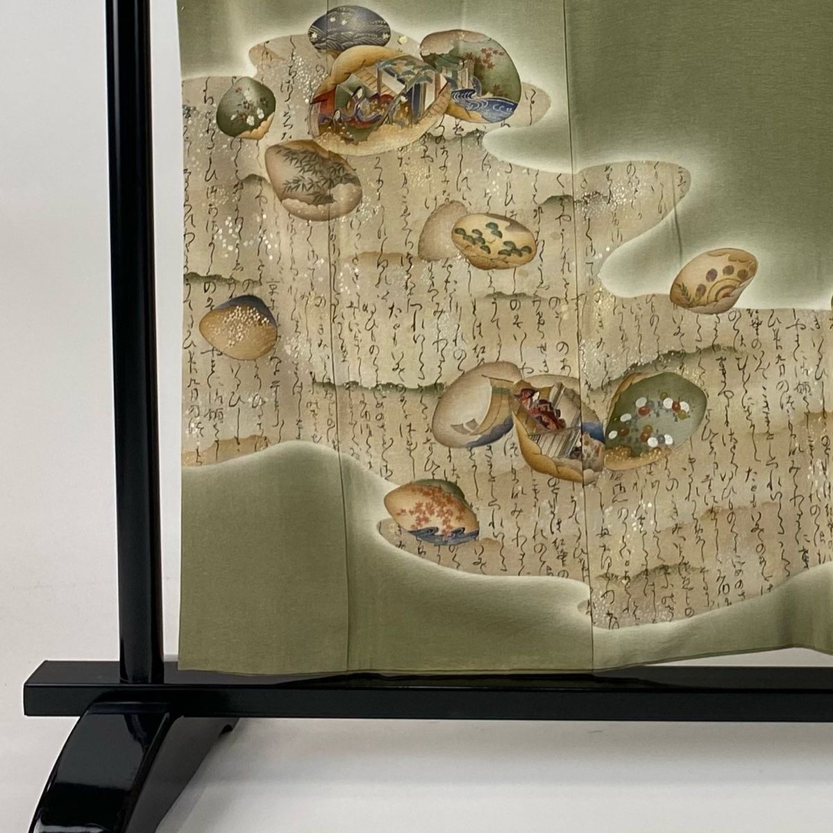 付下げ 身丈156cm 裄丈60.5cm S 袷 樽本伊勢蔵 落款 貝合わせ 人物 金銀彩 ぼかし 茶緑色 正絹