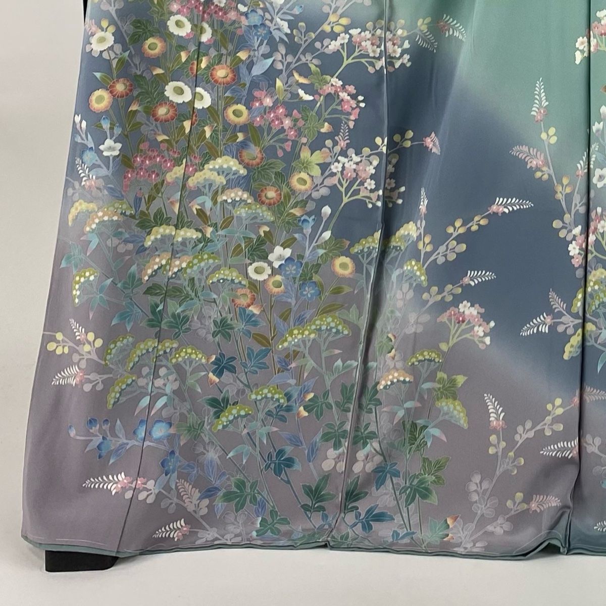 訪問着 身丈178cm 裄丈70cm 未仕立て 仮絵羽 秋草 ぼかし 灰緑 正絹