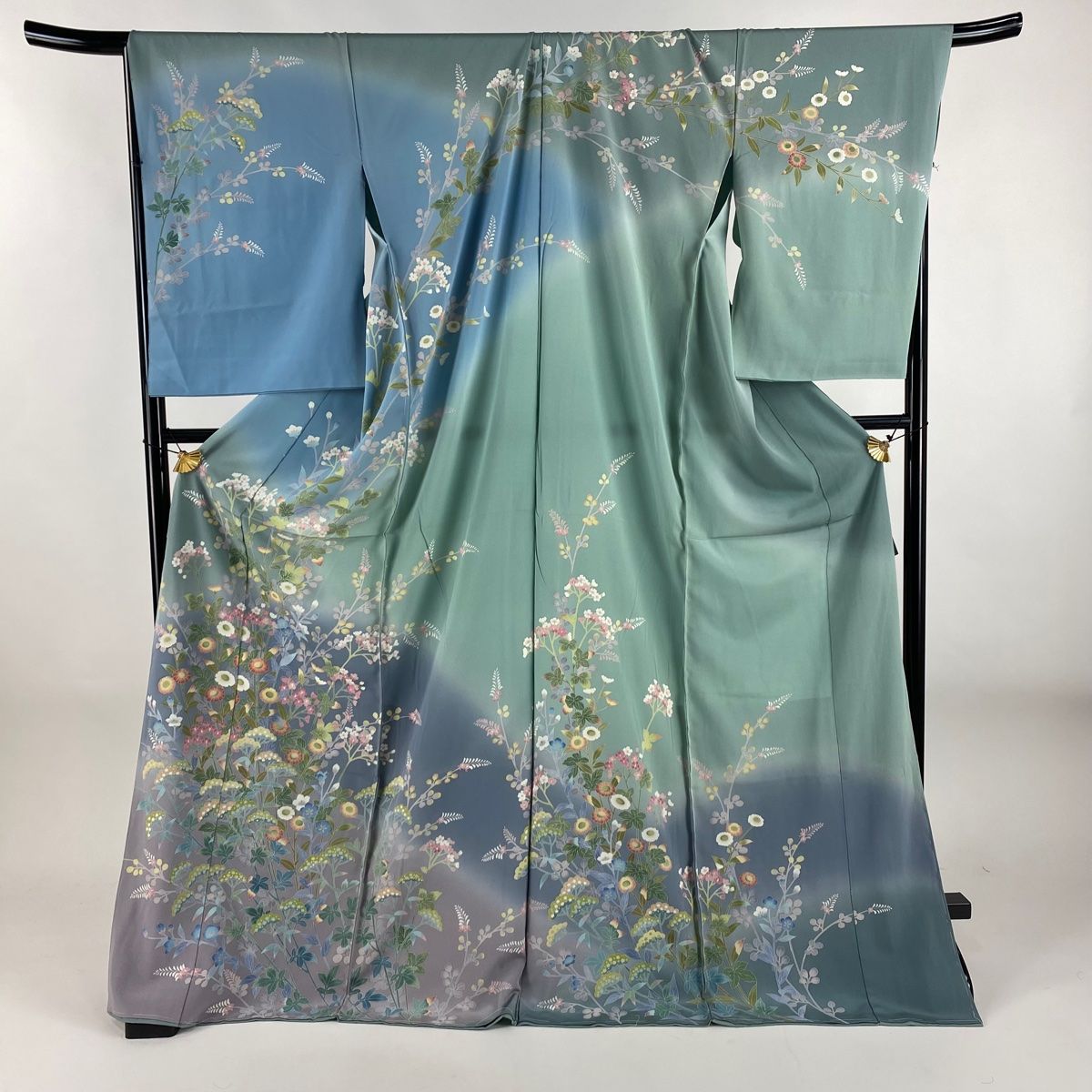 訪問着 身丈178cm 裄丈70cm 未仕立て 仮絵羽 秋草 ぼかし 灰緑 正絹