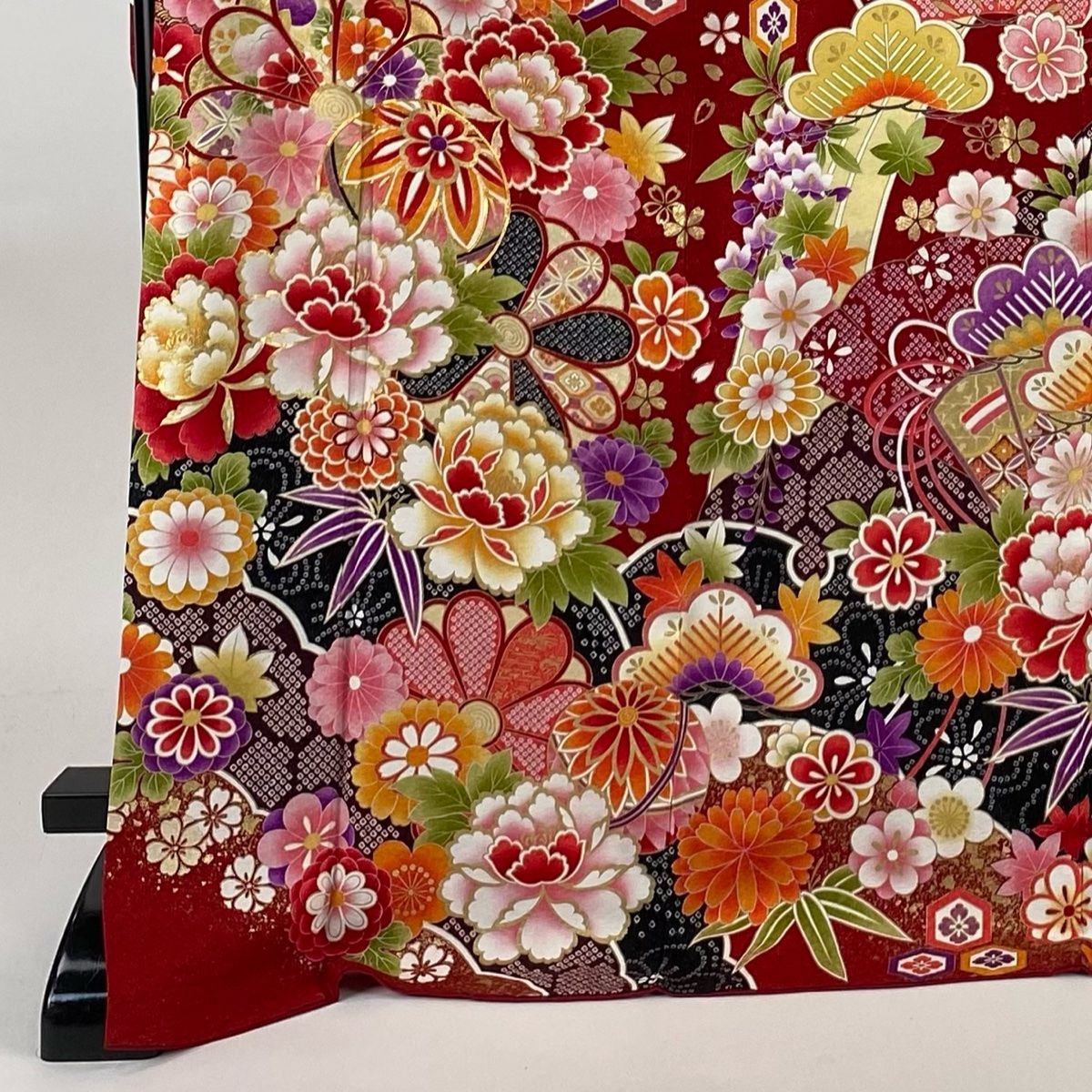 振袖 身丈175.5cm 裄丈71.5cm L 袷 草花 手鞠 銀通し 金彩 赤 正絹