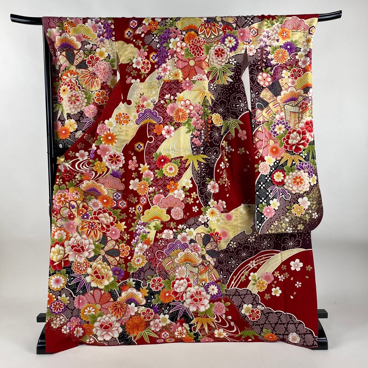 振袖 身丈175.5cm 裄丈71.5cm L 袷 草花 手鞠 銀通し 金彩 赤 正絹