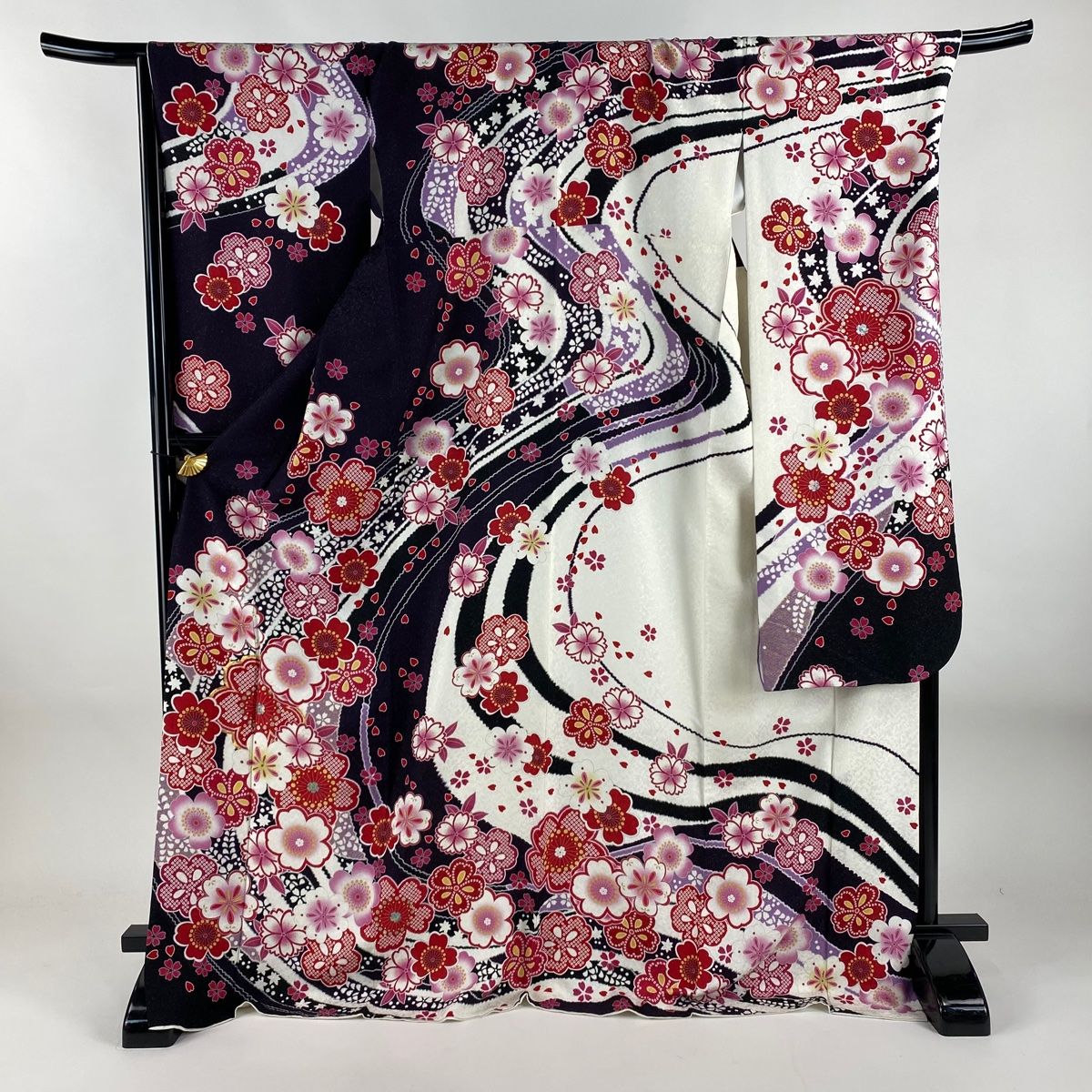 振袖 身丈174cm 裄丈71cm L 袷 桜 花びら 銀通し 金糸 濃紫 正絹