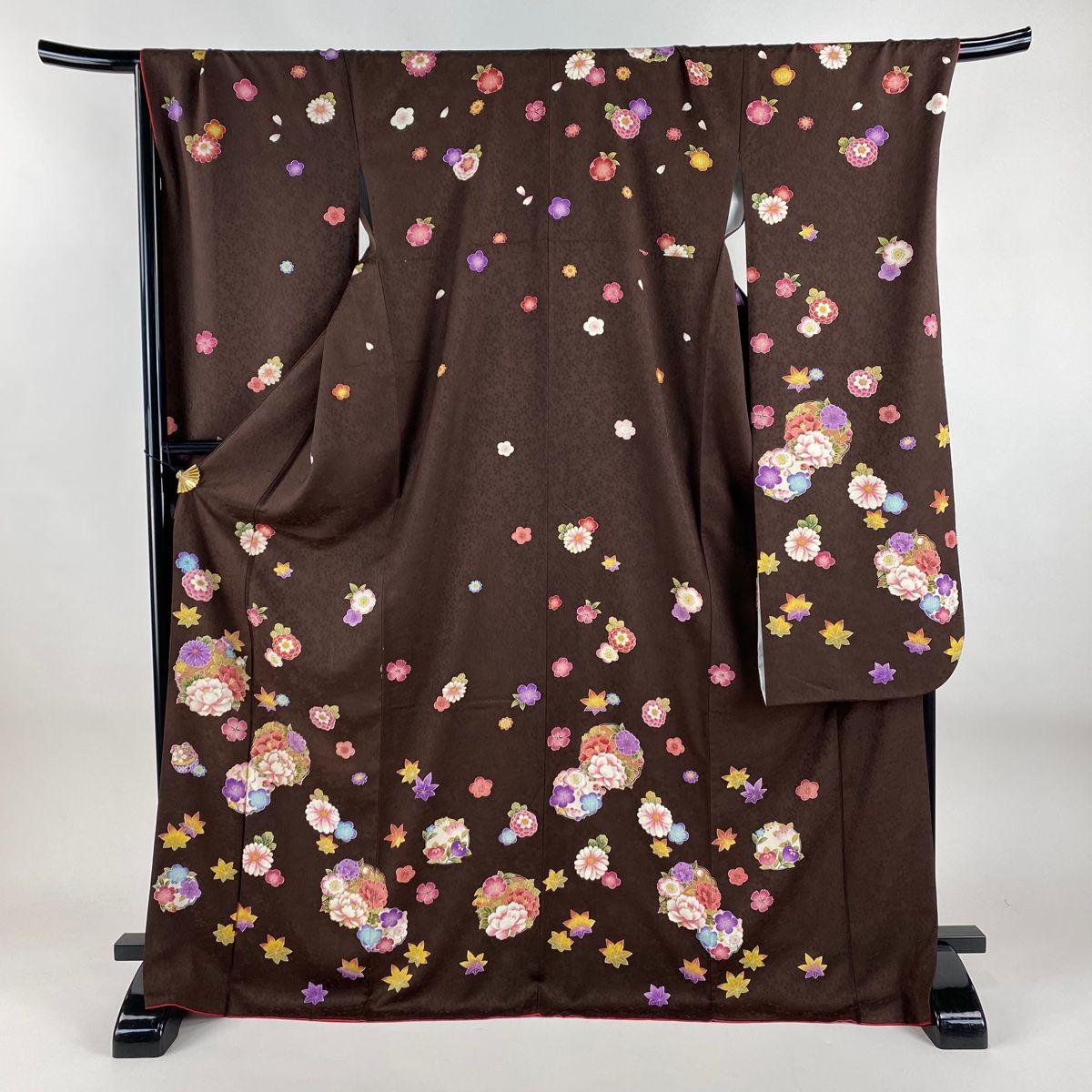 振袖 身丈172cm 裄丈71.5cm L 袷 花丸文 菊 金彩 箔 焦茶色 正絹