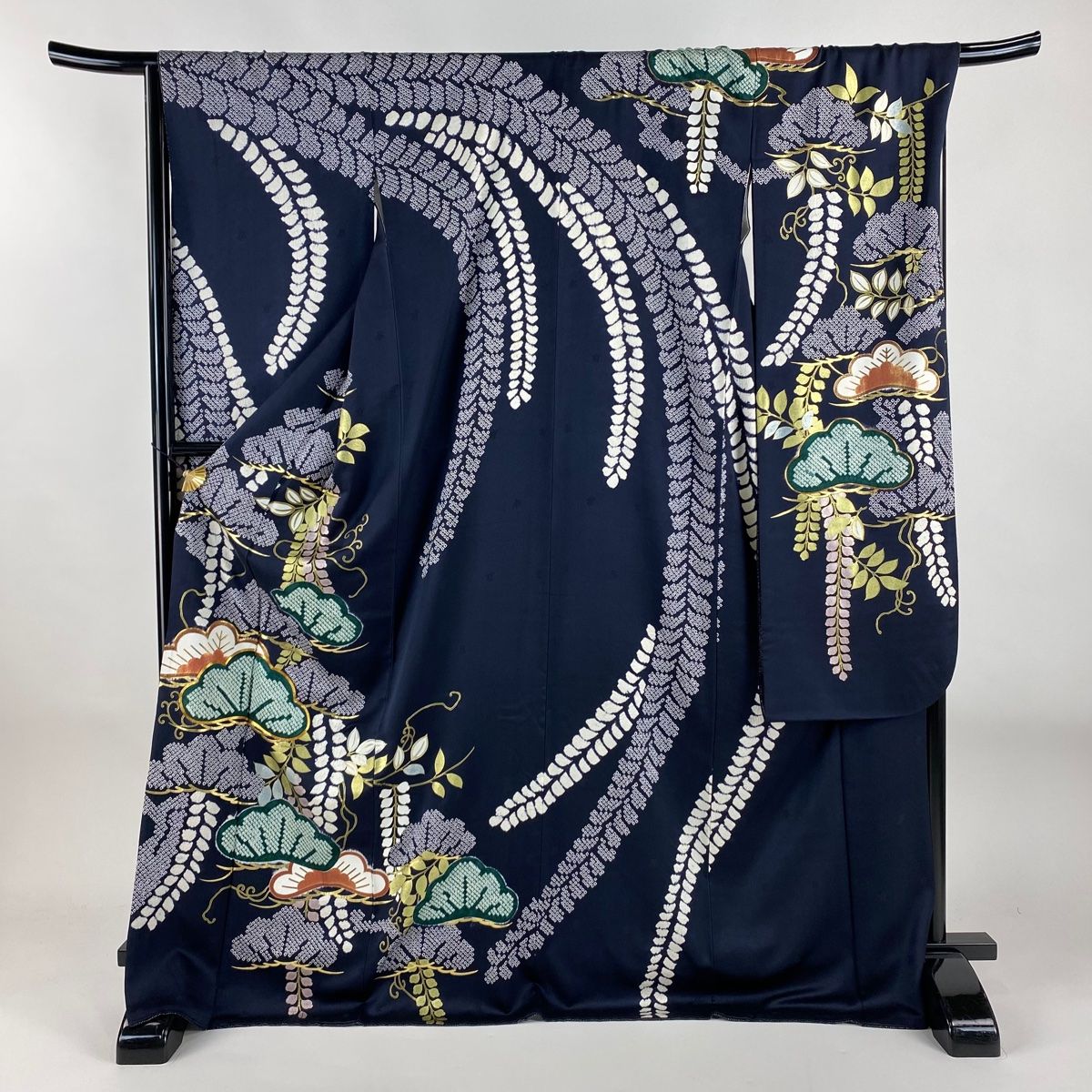 振袖 身丈172.5cm 裄丈70cm L 袷 笠松 藤 金糸 絞り 濃紺 正絹