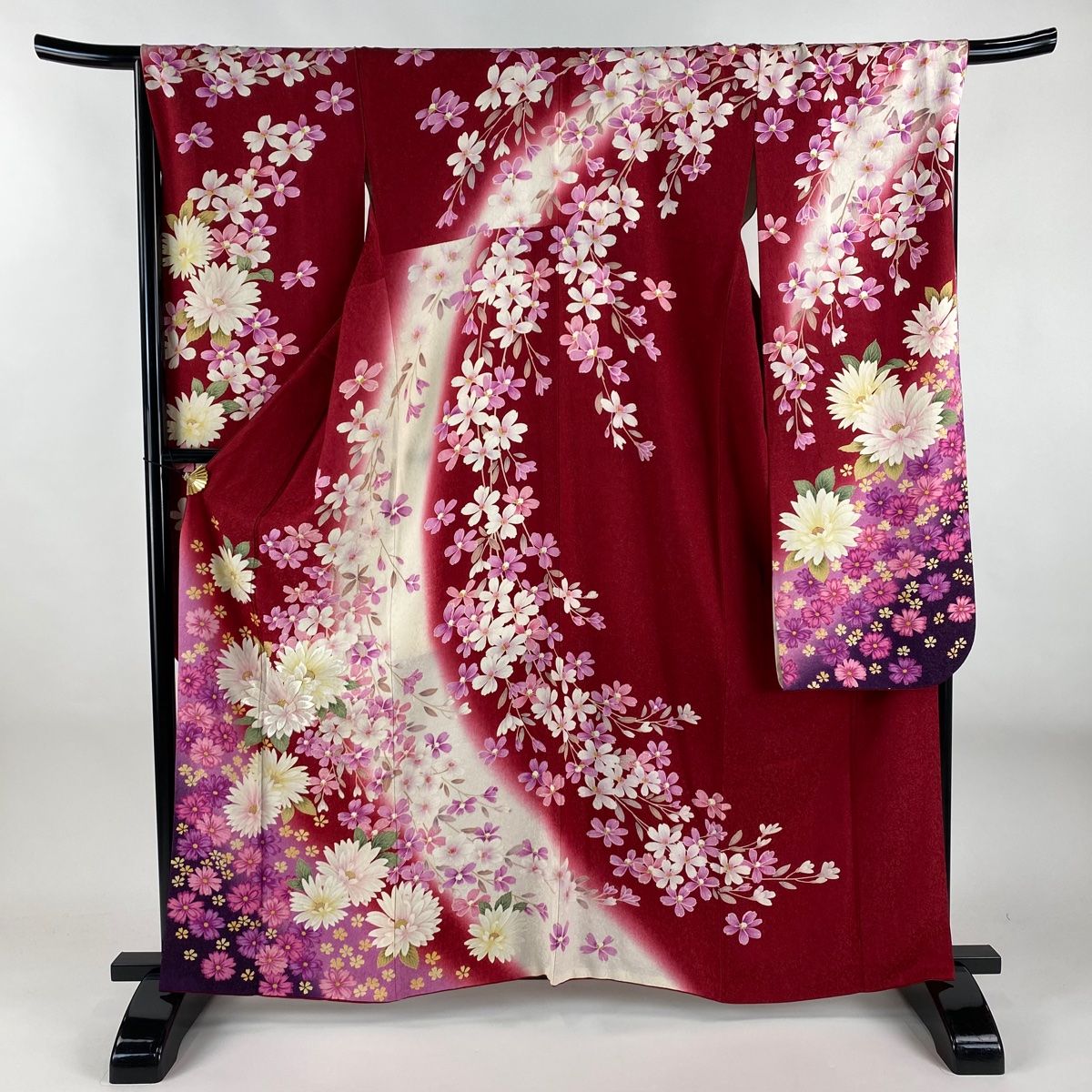 振袖 身丈161cm 裄丈69cm L 袷 草花 銀通し 箔 赤 正絹