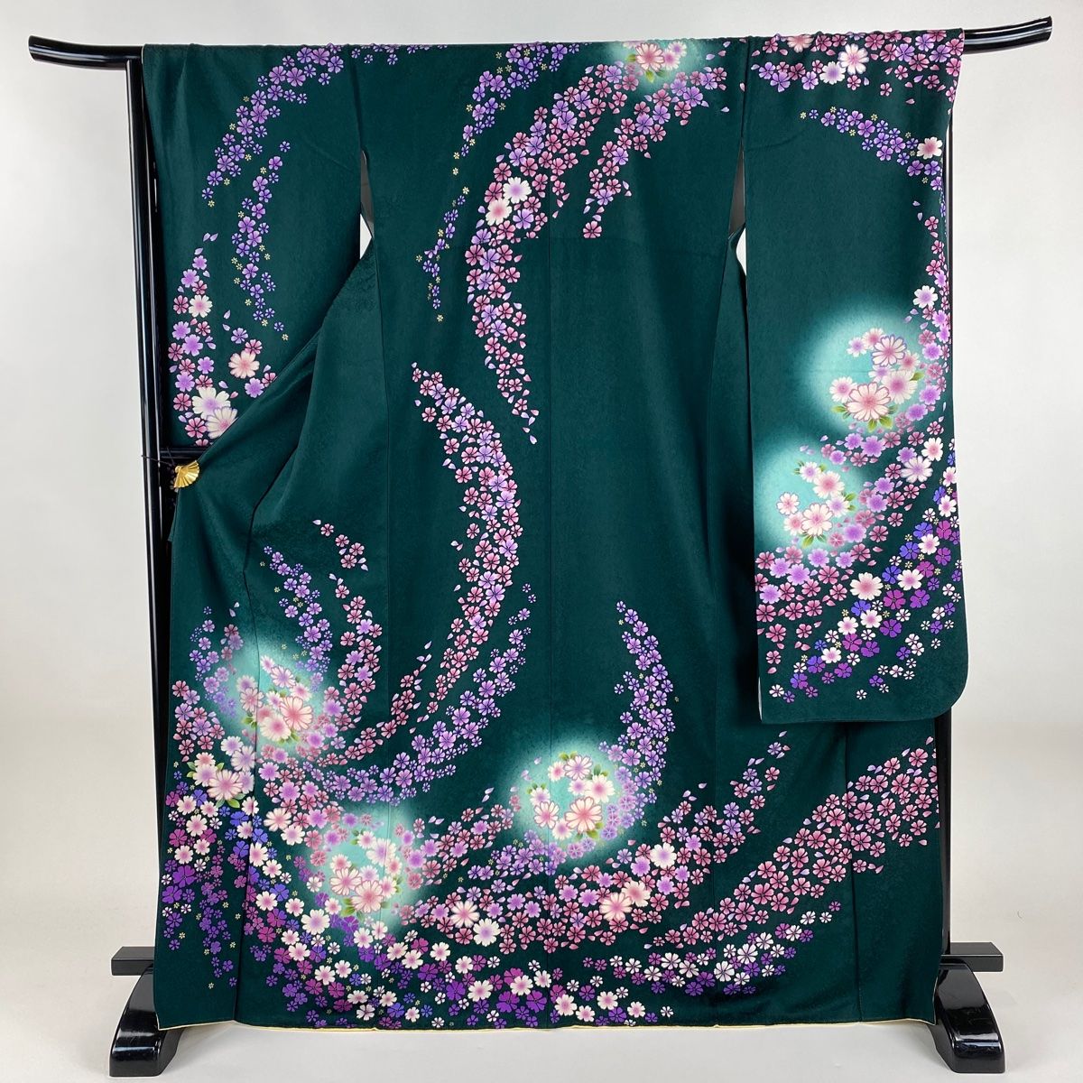 振袖 身丈170cm 裄丈69cm L 袷 草花 花びら 金彩 ぼかし 深緑 正絹